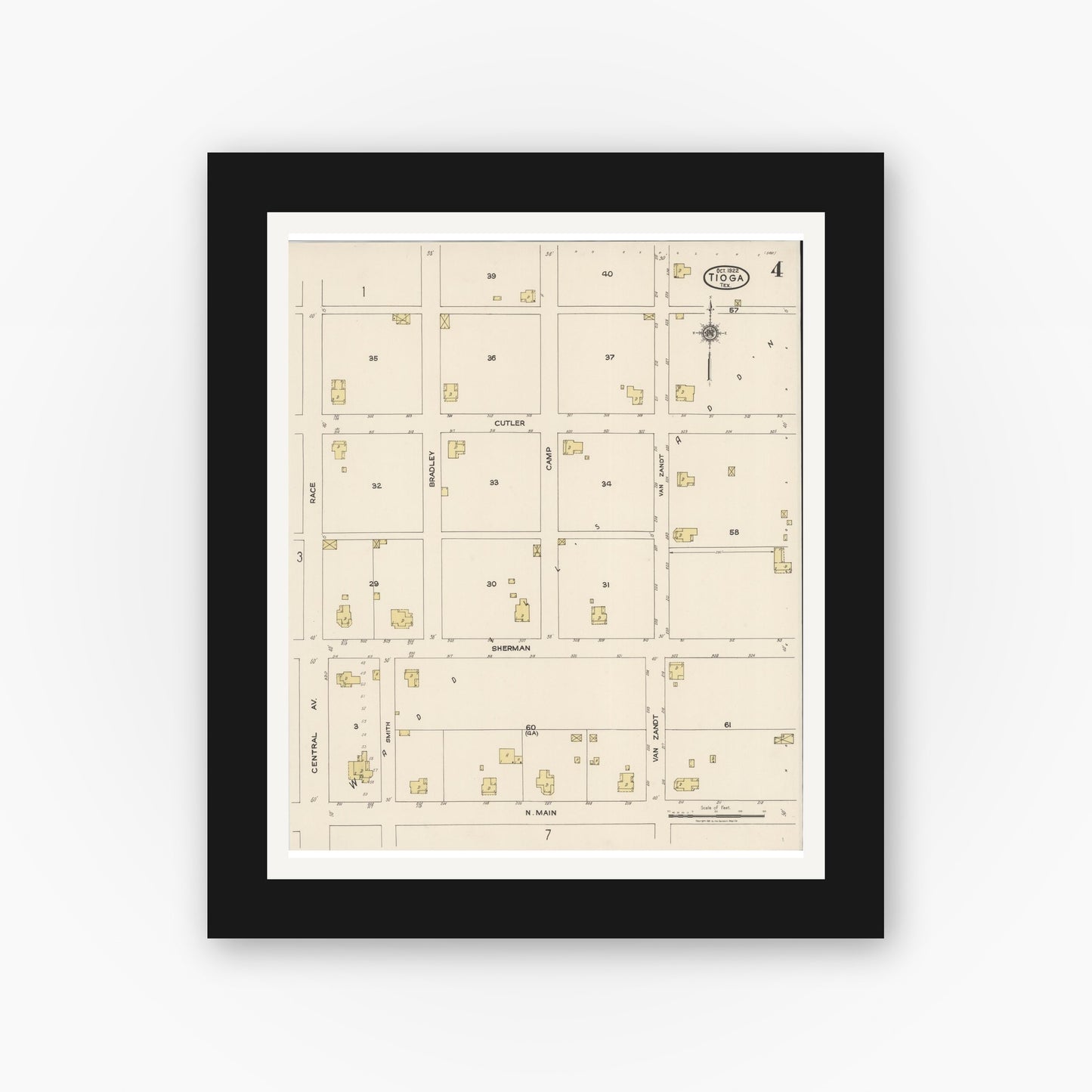 Old map wall art mockup — black gallery frame with white mat — Sanborn Fire Insurance Map from Tioga, Grayton County, Texas (1922), Sheet #0004