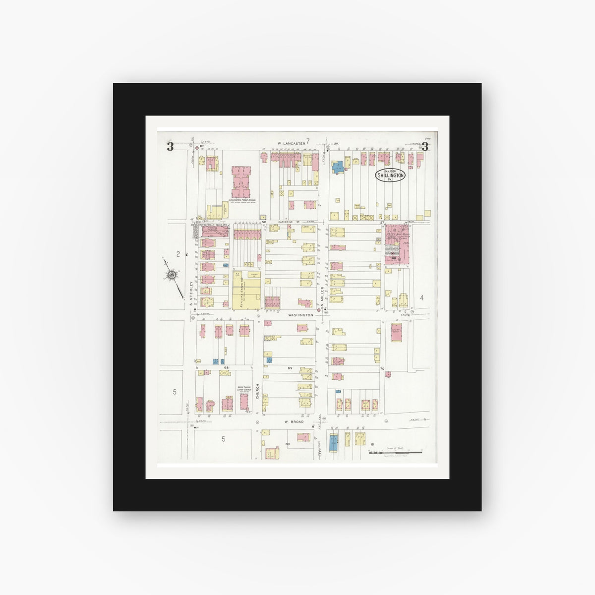 Old map wall art mockup — black gallery frame with white mat — Sanborn Fire Insurance Map from Shillington, Berks County, Pennsylvania (1928), Sheet #0003