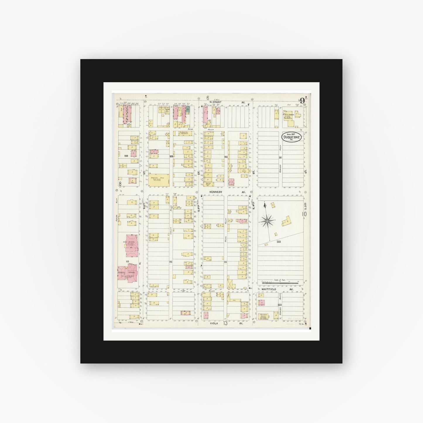 Old map wall art mockup — black gallery frame with white mat — Sanborn Fire Insurance Map from Duquesne, Allegheny County, Pennsylvania (1907), Sheet #0009