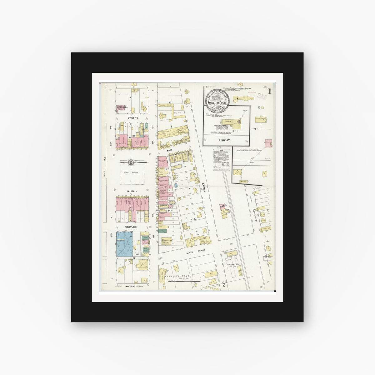 Old map wall art mockup — black gallery frame with white mat — Sanborn Fire Insurance Map from Mountain Grove, Wright County, Missouri (1909) - Complete Map Set