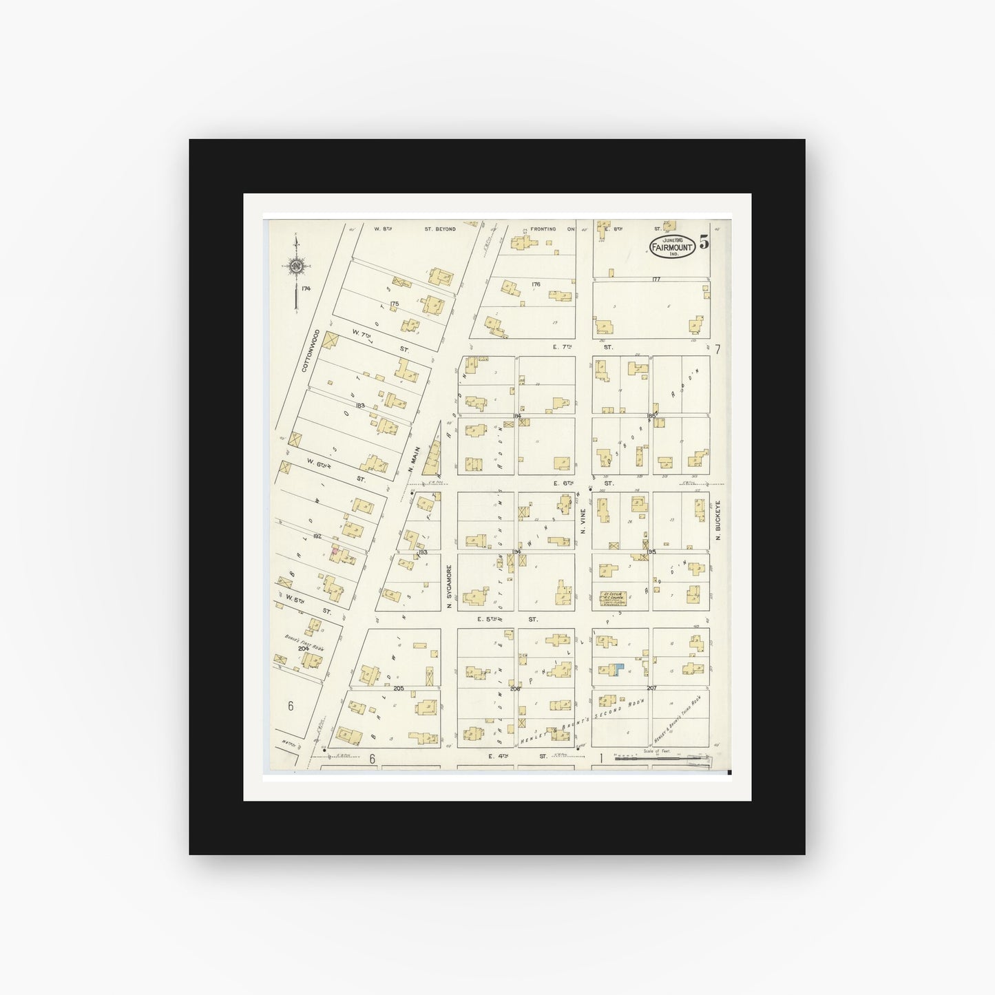 Old map wall art mockup — black gallery frame with white mat — Sanborn Fire Insurance Map from Fairmount, Grant County, Indiana (1916), Sheet #0005