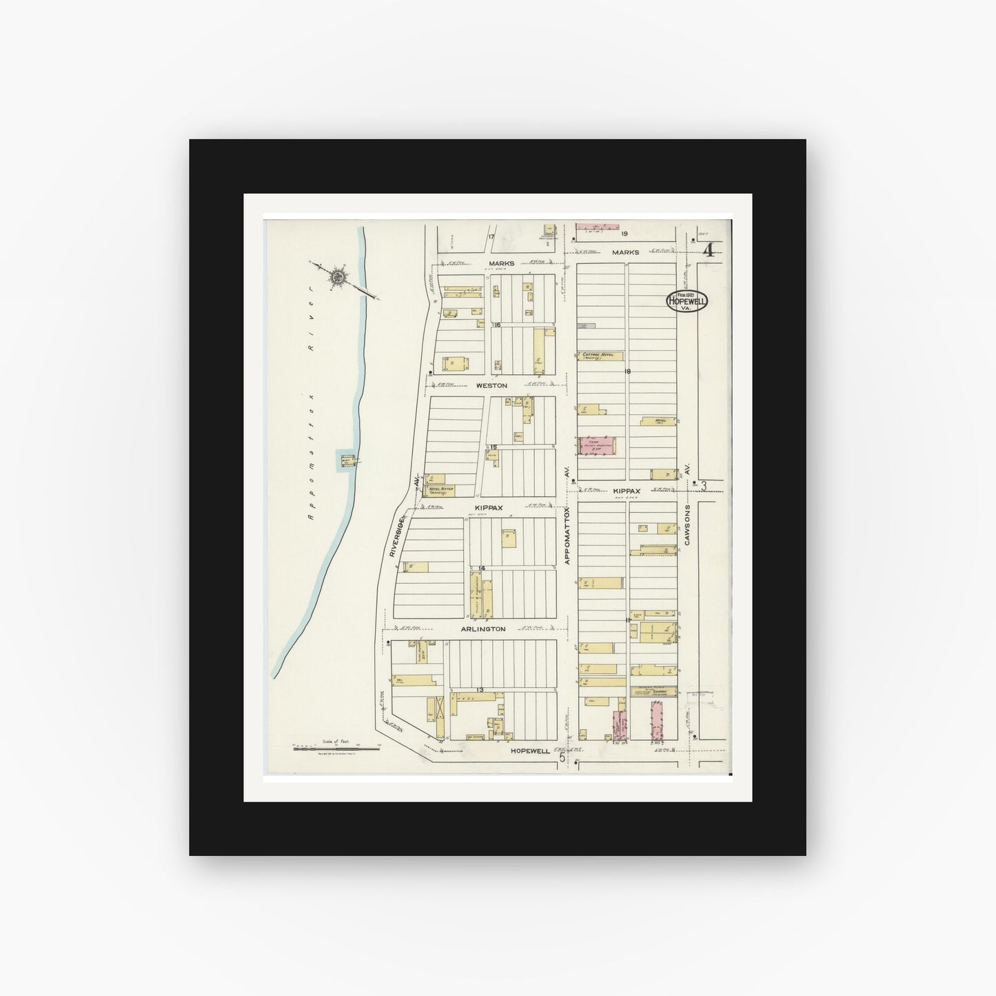 Old map wall art mockup — black gallery frame with white mat — Sanborn Fire Insurance Map from Hopewell, Independent Cities, Virginia (1921), Sheet #0004