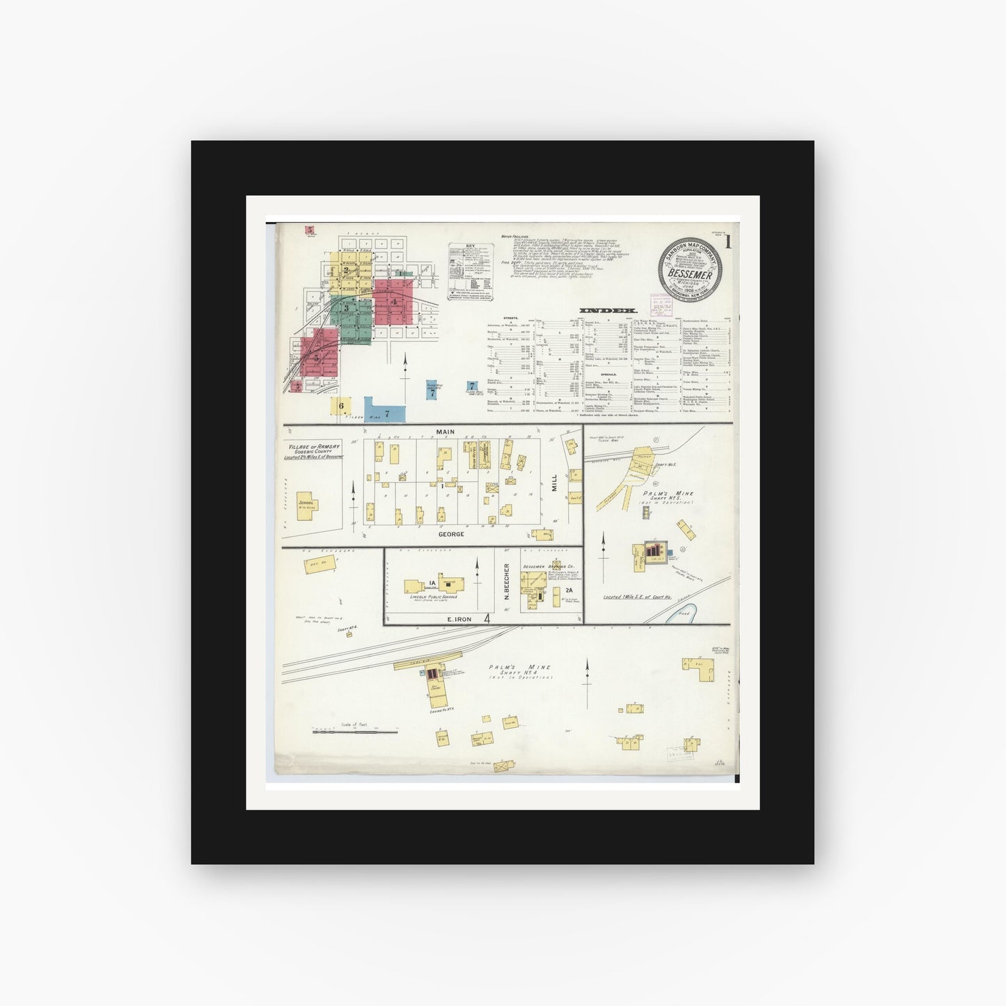 Old map wall art mockup — black gallery frame with white mat — Sanborn Fire Insurance Map from Bessemer, Gogebic County, Michigan (1908), Sheet #0001