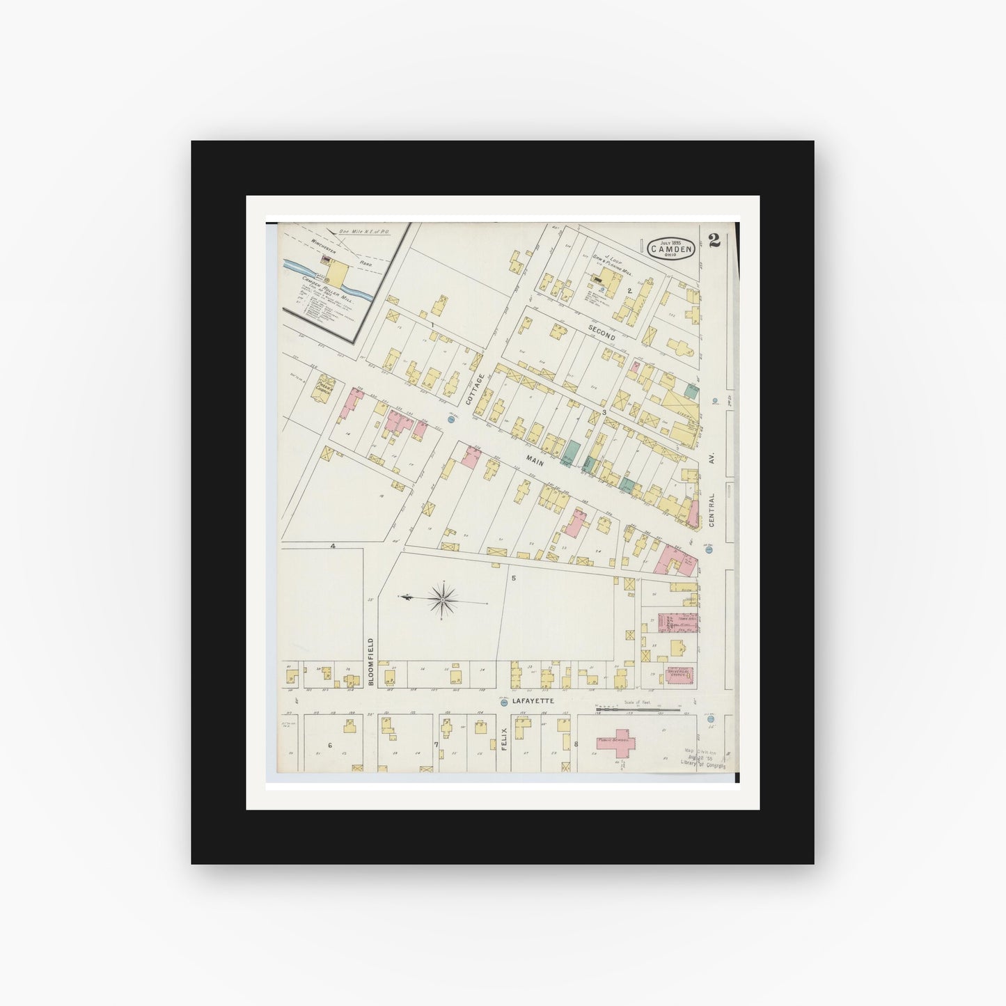 Old map wall art mockup — black gallery frame with white mat — Sanborn Fire Insurance Map from Camden, Preble County, Ohio (1895), Sheet #0002