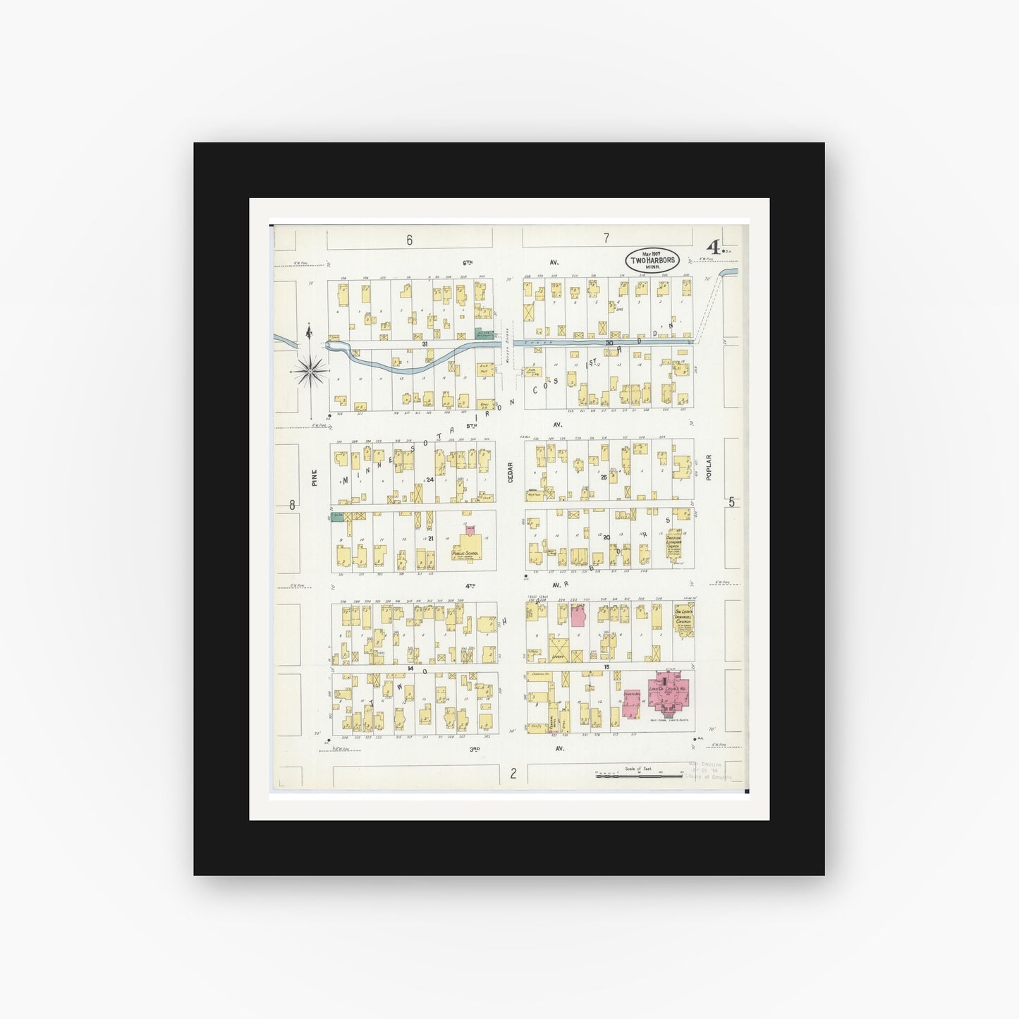 Old map wall art mockup — black gallery frame with white mat — Sanborn Fire Insurance Map from Two Harbors, Lake County, Minnesota (1907), Sheet #0004