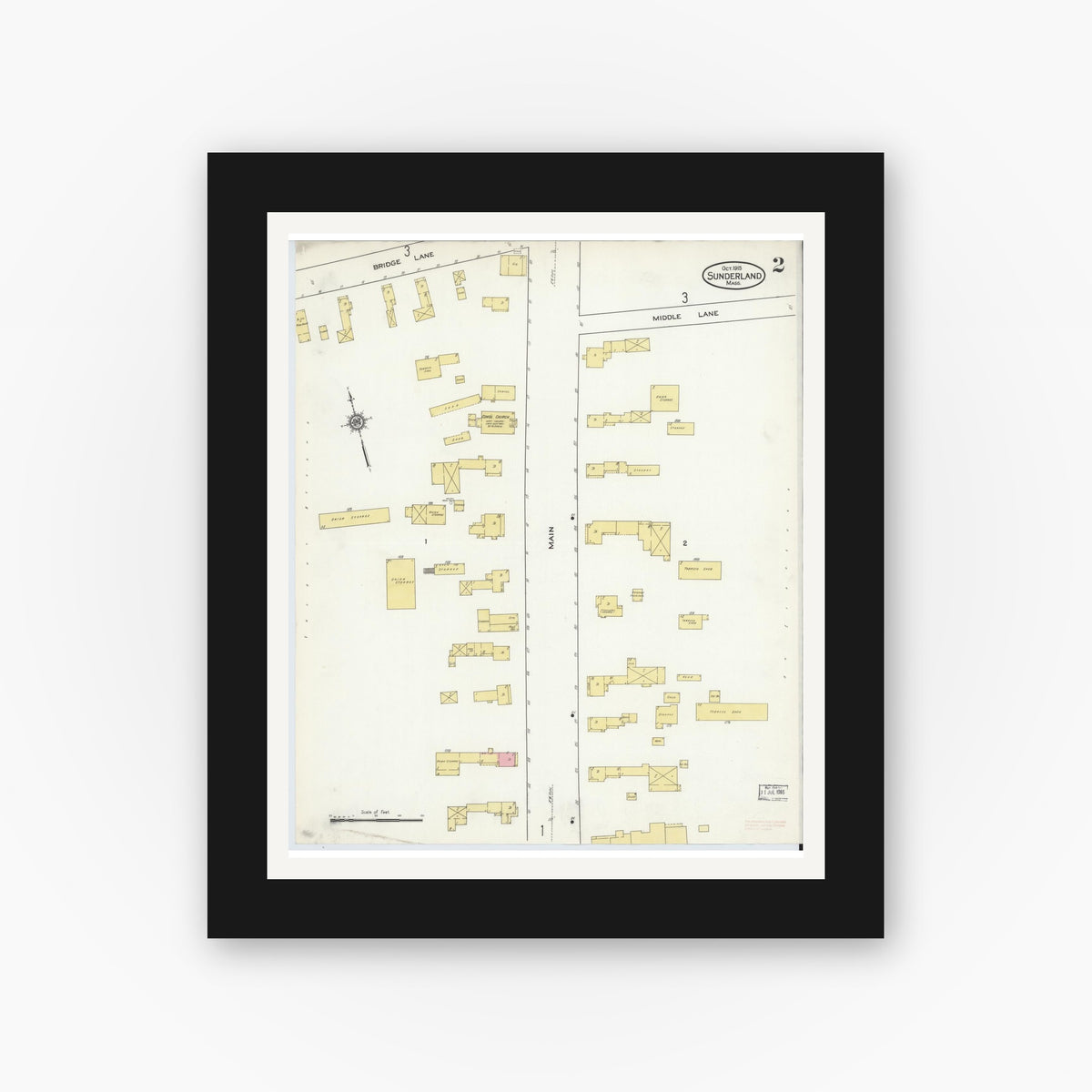 Old map wall art mockup — black gallery frame with white mat — Sanborn Fire Insurance Map from Sunderland, Franklin County, Massachusetts (1915), Sheet #0002