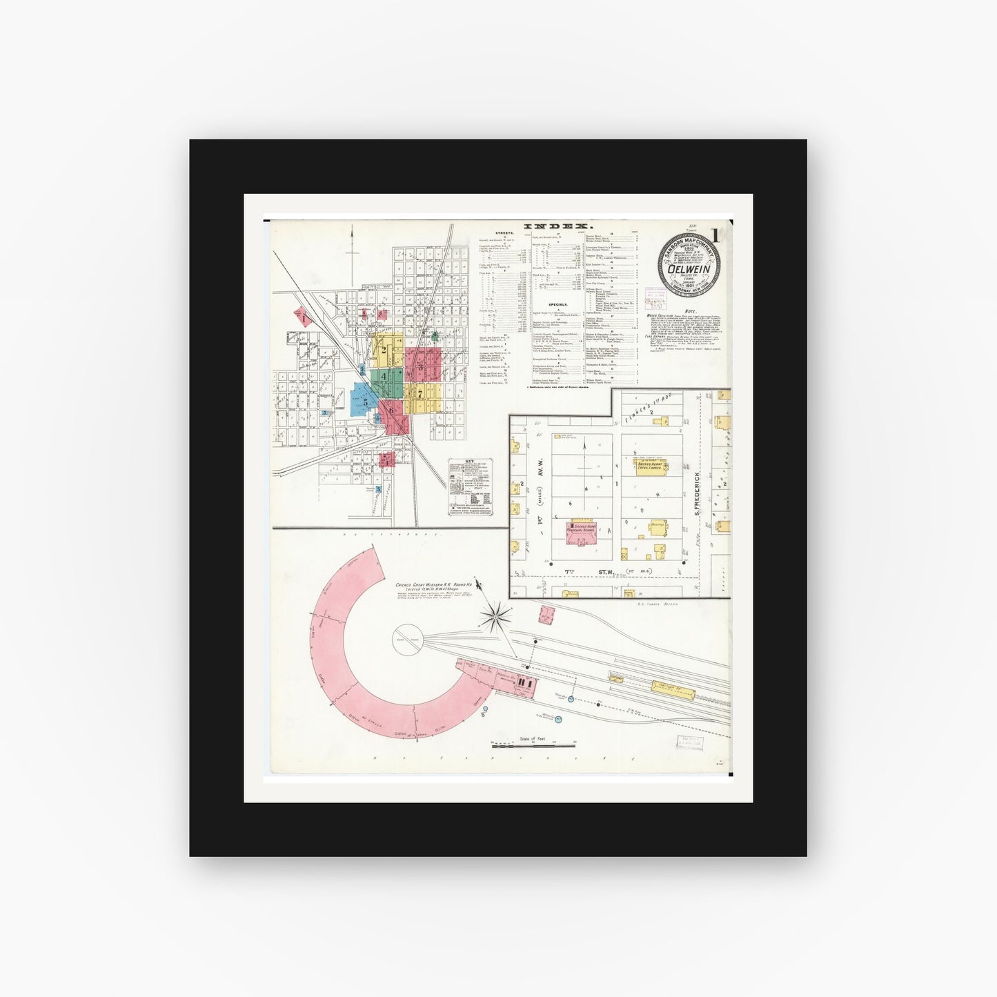 Old map wall art mockup — black gallery frame with white mat — Sanborn Fire Insurance Map from Oelwein, Fayette County, Iowa (1906) — Complete Set