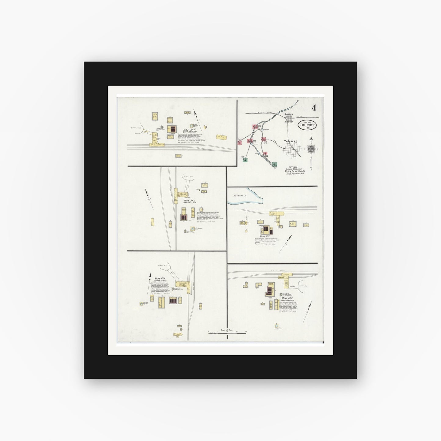 Old map wall art mockup — black gallery frame with white mat — Sanborn Fire Insurance Map from Thurber, Erath County, Texas (1911), Sheet #0004