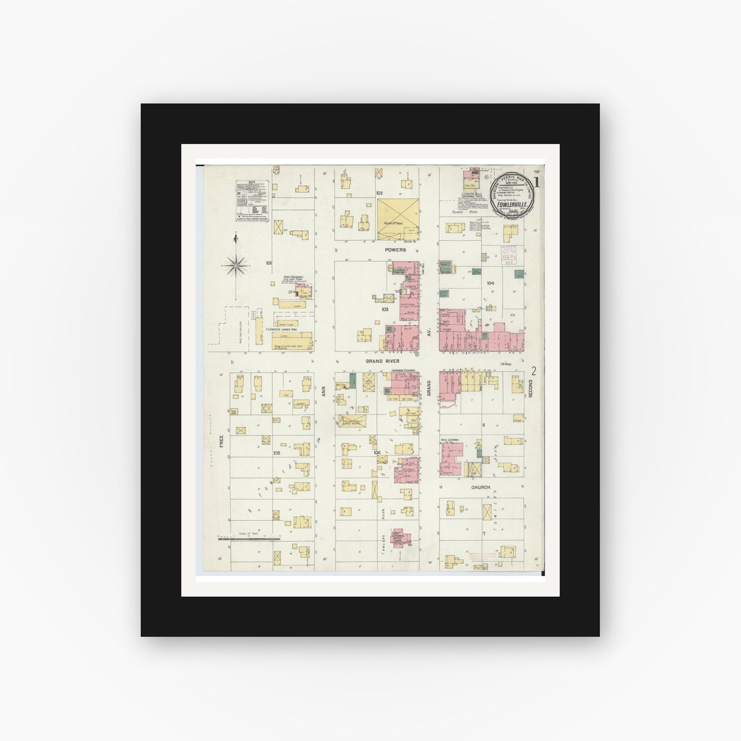 Old map wall art mockup — black gallery frame with white mat — Sanborn Fire Insurance Map from Fowlerville, Livingston County, Michigan (1901), Sheet #0001