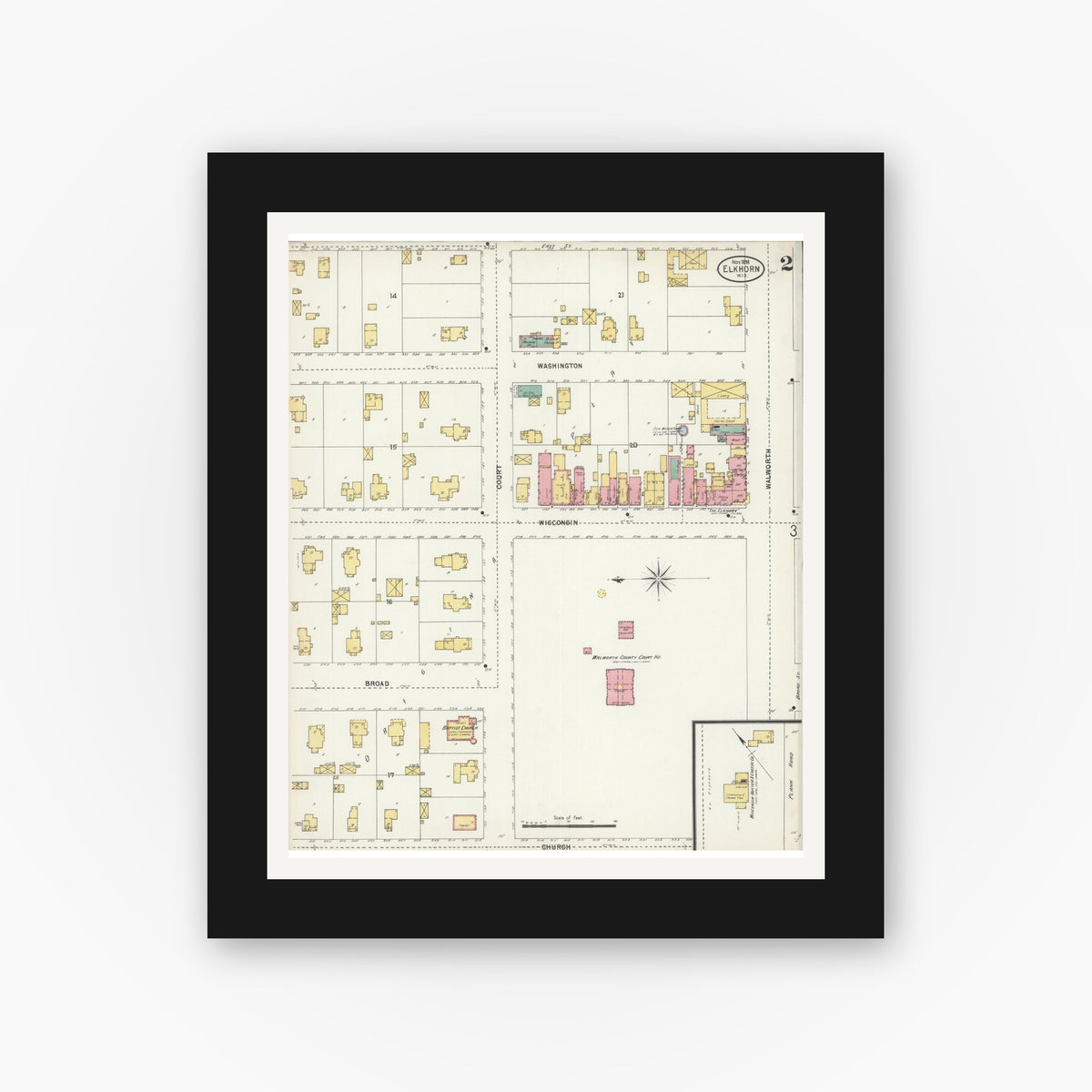 Old map wall art mockup — black gallery frame with white mat — Sanborn Fire Insurance Map from Elkhorn, Walworth County, Wisconsin (1898), Sheet #0002
