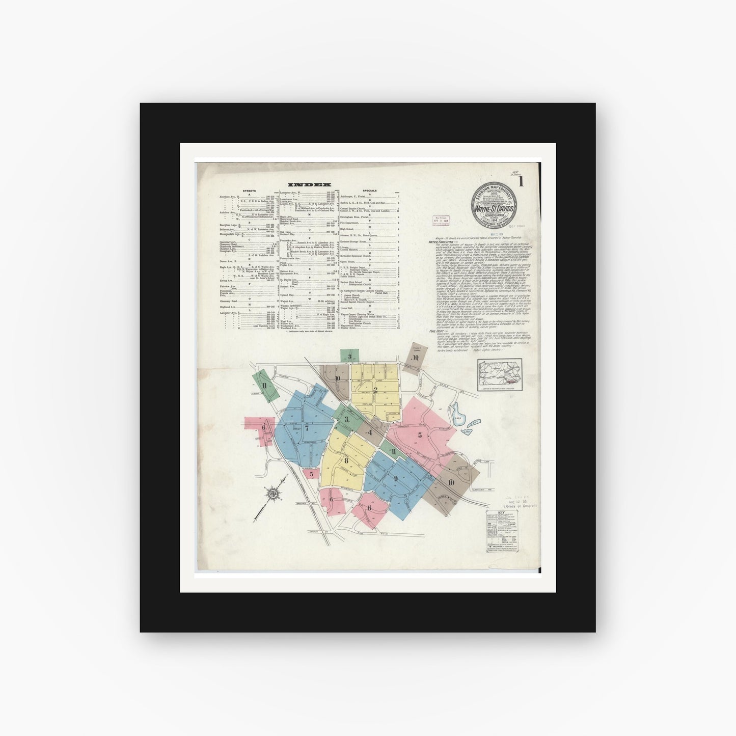 Old map wall art mockup — black gallery frame with white mat — Sanborn Fire Insurance Map from Wayne, Delaware County, Pennsylvania (1914) - Complete Map Set