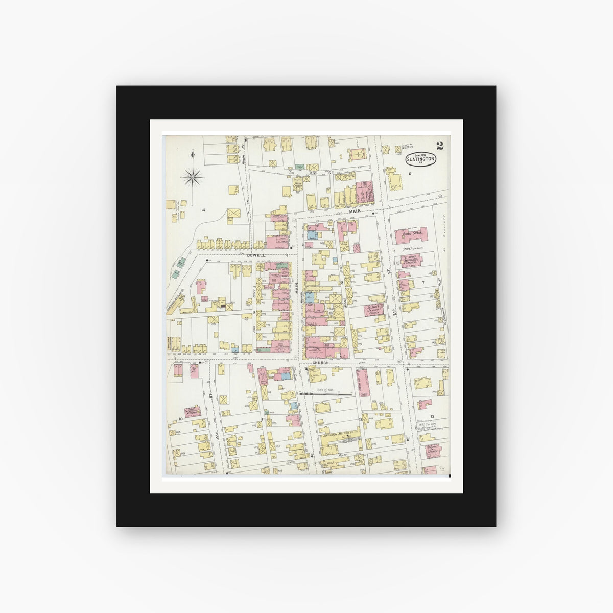 Old map wall art mockup β black gallery frame with white mat β Sanborn Fire Insurance Map from Slatington, Lehigh County, Pennsylvania (1896), Sheet #0002