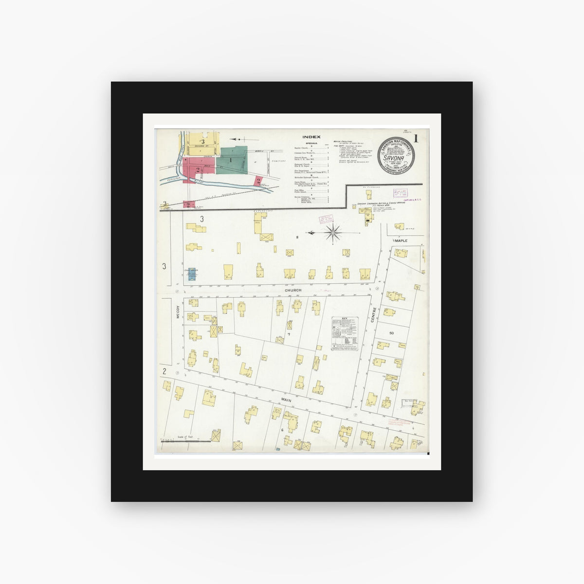 Old map wall art mockup — black gallery frame with white mat — Sanborn Fire Insurance Map from Savona, Steuben County, New York (1909), Sheet #0001