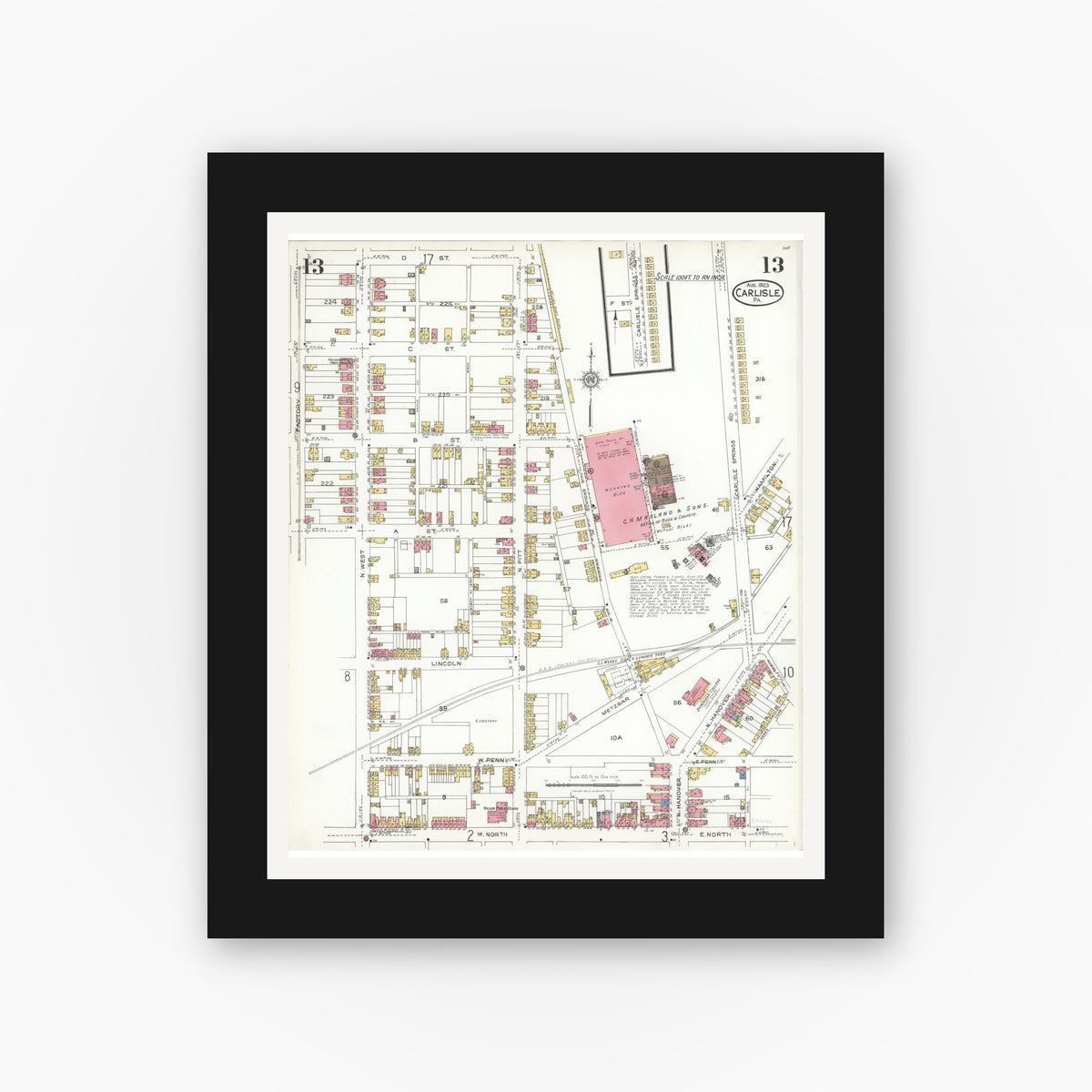 Old map wall art mockup — black gallery frame with white mat — Sanborn Fire Insurance Map from Carlisle, Cumberland County, Pennsylvania (1923), Sheet #0013
