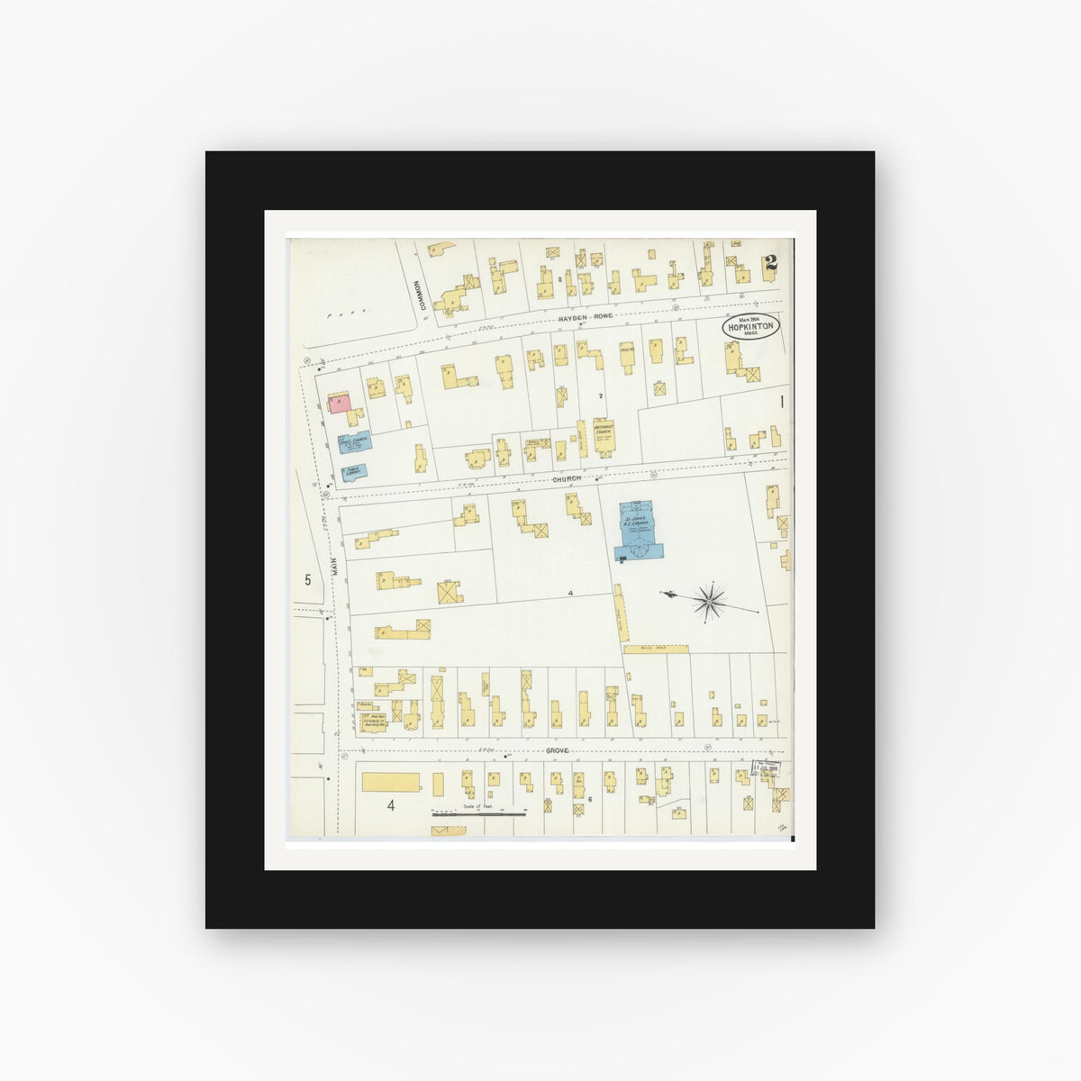 Old map wall art mockup — black gallery frame with white mat — Sanborn Fire Insurance Map from Hopkinton, Middlesex County, Massachusetts (1904), Sheet #0002