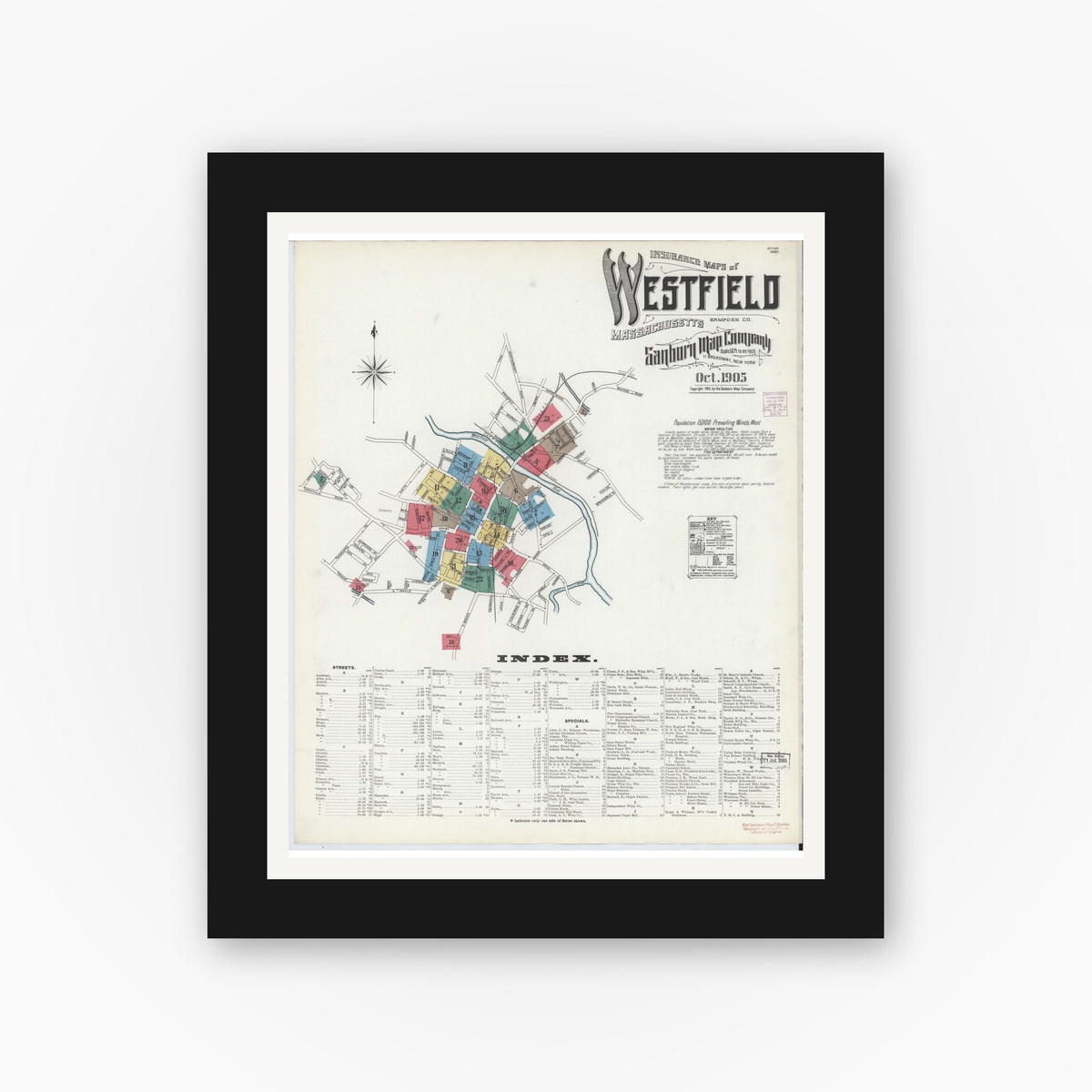 Old map wall art mockup — black gallery frame with white mat — Sanborn Fire Insurance Map from Westfield, Hampden County, Massachusetts (1905) - Complete Map Set