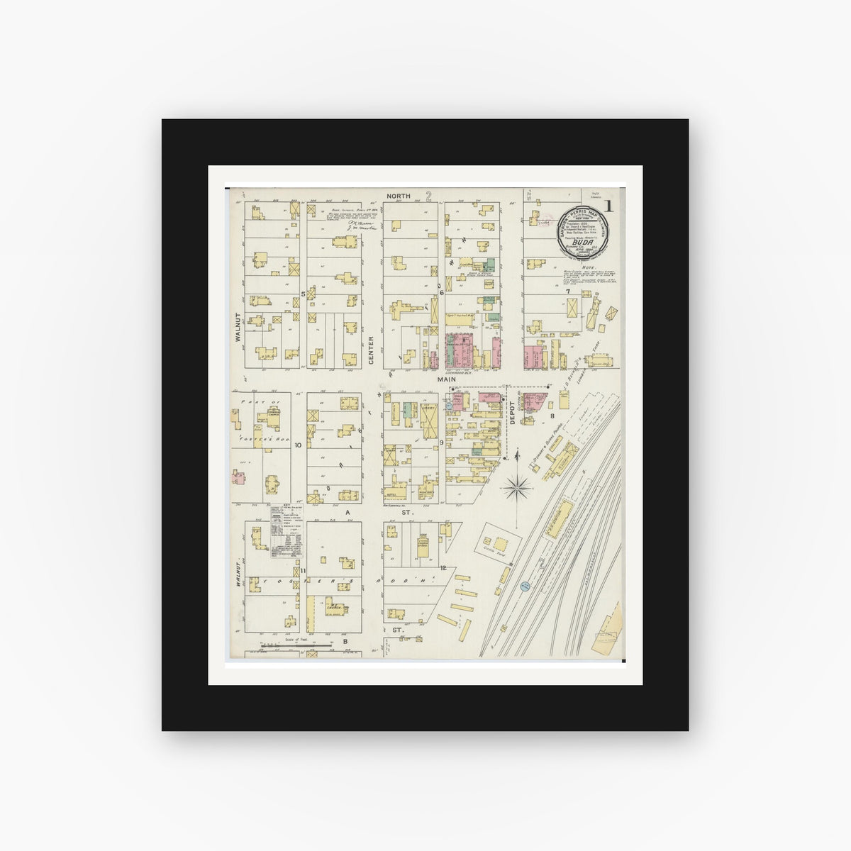 Old map wall art mockup — black gallery frame with white mat — Sanborn Fire Insurance Map from Buda, Bureau County, Illinois (1894), Sheet #0001