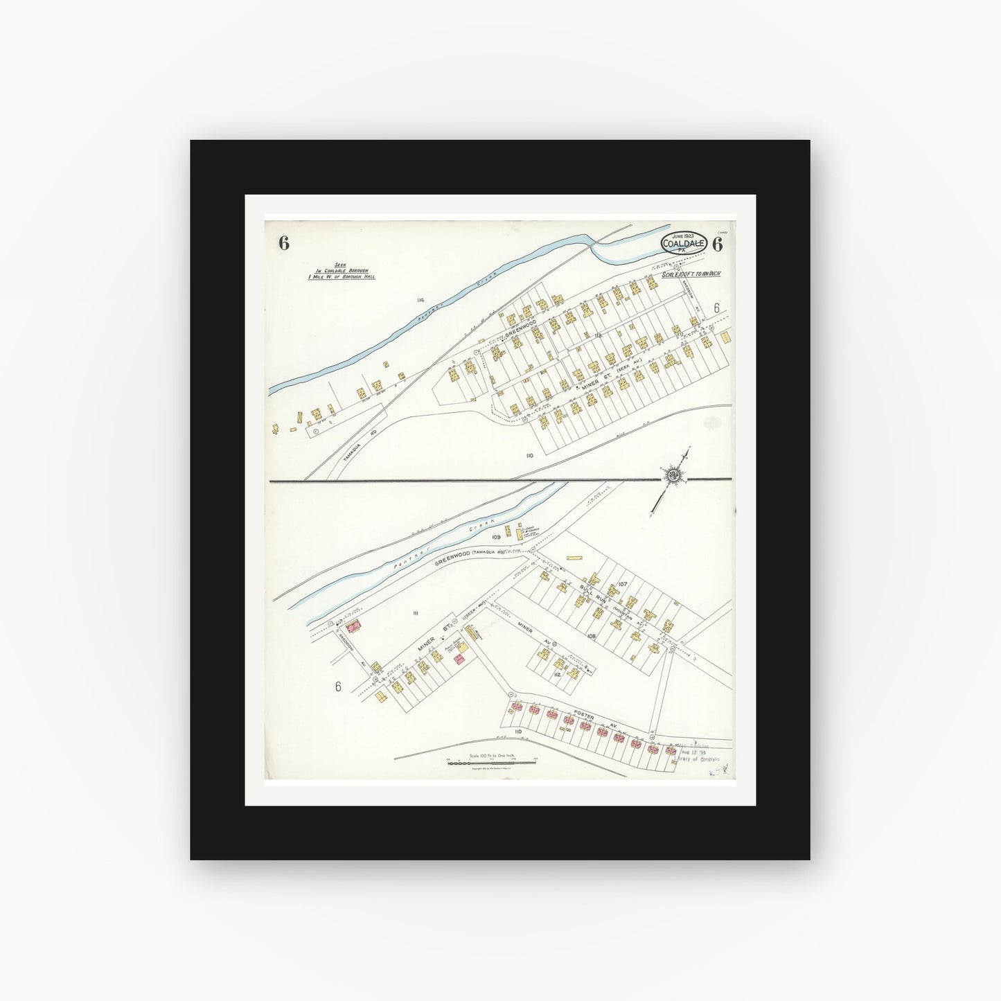 Old map wall art mockup — black gallery frame with white mat — Sanborn Fire Insurance Map from Coaldale, Schuylkill County, Pennsylvania (1923), Sheet #0006