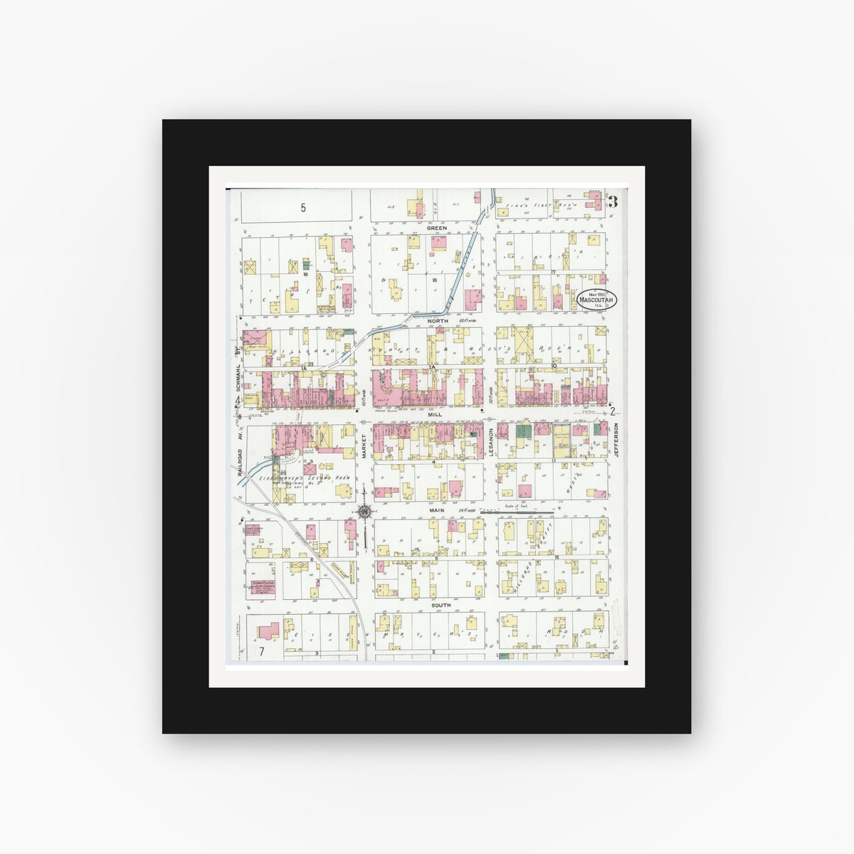 Old map wall art mockup — black gallery frame with white mat — Sanborn Fire Insurance Map from Mascoutah, Saint Clair County, Illinois (1910), Sheet #0003
