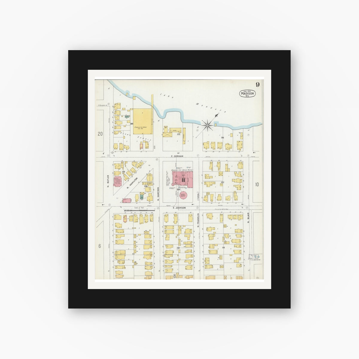 Old map wall art mockup — black gallery frame with white mat — Sanborn Fire Insurance Map from Madison, Dane County, Wisconsin (1902), Sheet #0009