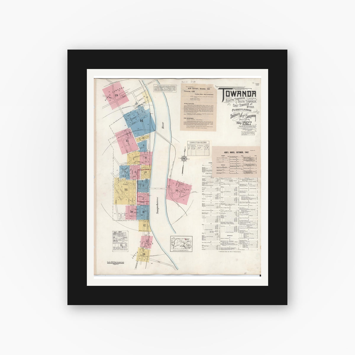 Old map wall art mockup β black gallery frame with white mat β Sanborn Fire Insurance Map from Towanda, Bradford County, Pennsylvania (1949), Sheet #0001