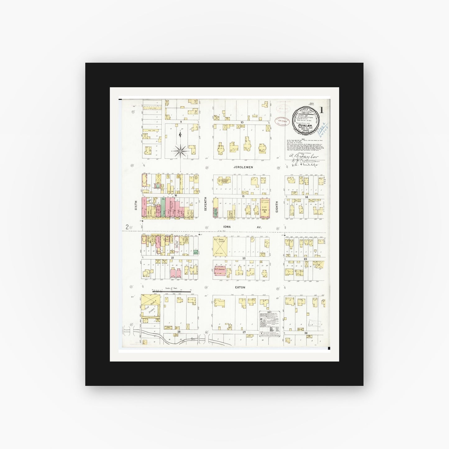 Old map wall art mockup β black gallery frame with white mat β Sanborn Fire Insurance Map from Dunlap, Harrison County, Iowa (1899), Sheet #0001