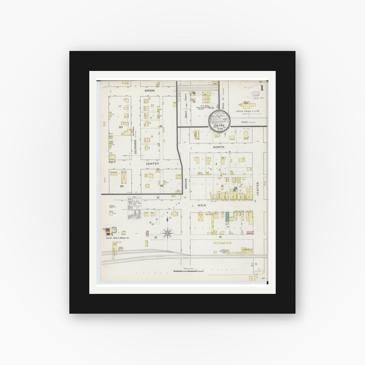 Old map wall art mockup — black gallery frame with white mat — Sanborn Fire Insurance Map from Colfax, McLean County, Illinois (1893), Sheet #0001