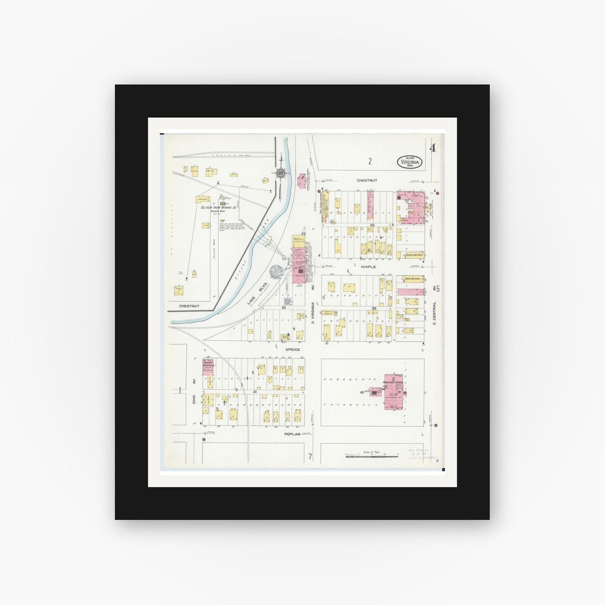 Old map wall art mockup — black gallery frame with white mat — Sanborn Fire Insurance Map from Virginia, Saint Louis County, Minnesota (1910), Sheet #0004