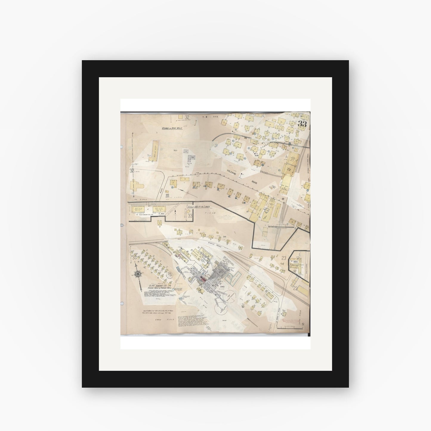 Old map wall art mockup — black gallery frame with white mat — Sanborn Fire Insurance Map from Hilo, Hawaii County, Hawaii (1957), Sheet #0033