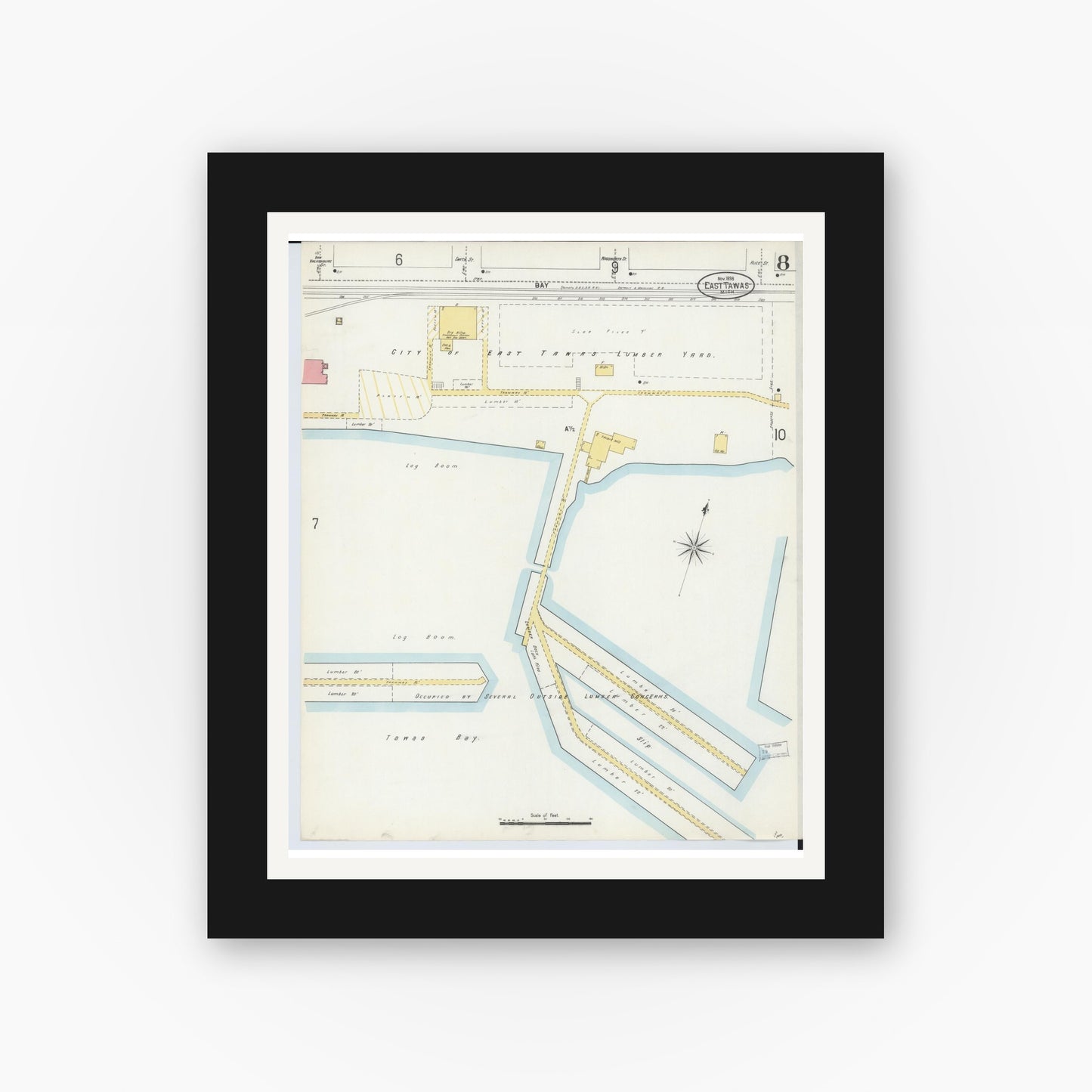 Old map wall art mockup — black gallery frame with white mat — Sanborn Fire Insurance Map from Tawas City, Iosco County, Michigan (1898), Sheet #0008