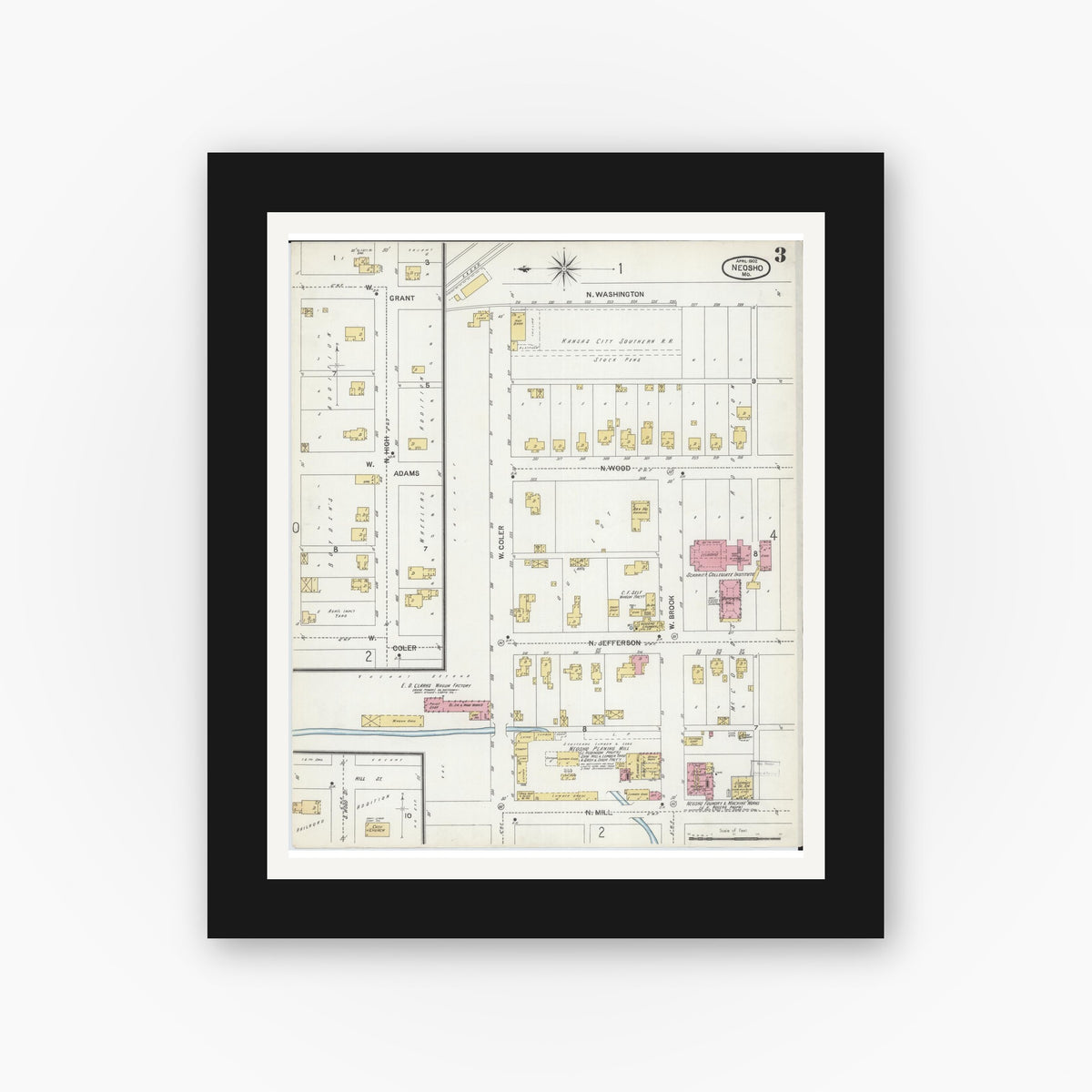 Old map wall art mockup — black gallery frame with white mat — Sanborn Fire Insurance Map from Neosho, Newton County, Missouri (1902), Sheet #0003