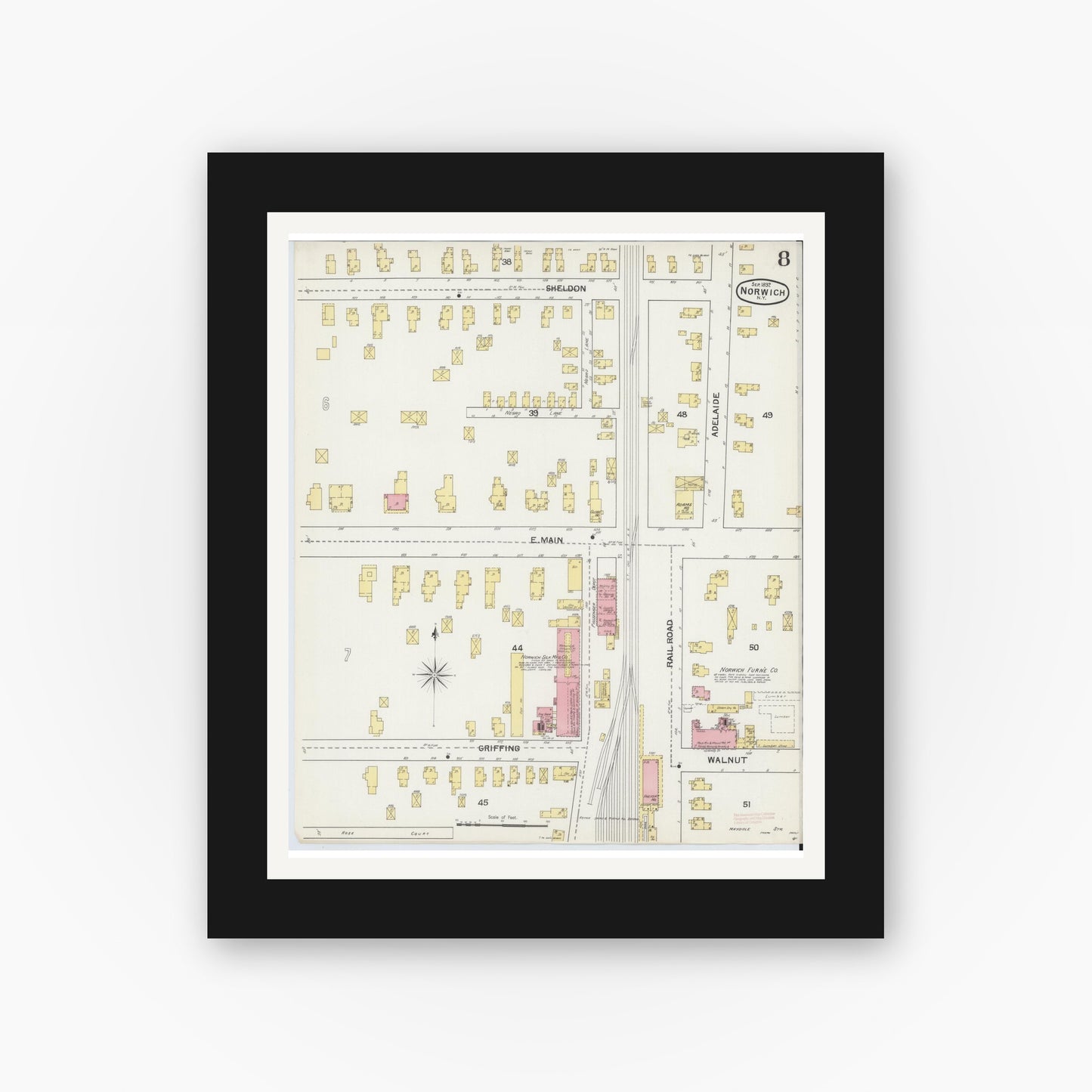 Old map wall art mockup — black gallery frame with white mat — Sanborn Fire Insurance Map from Norwich, Chenango County, New York (1892), Sheet #0008