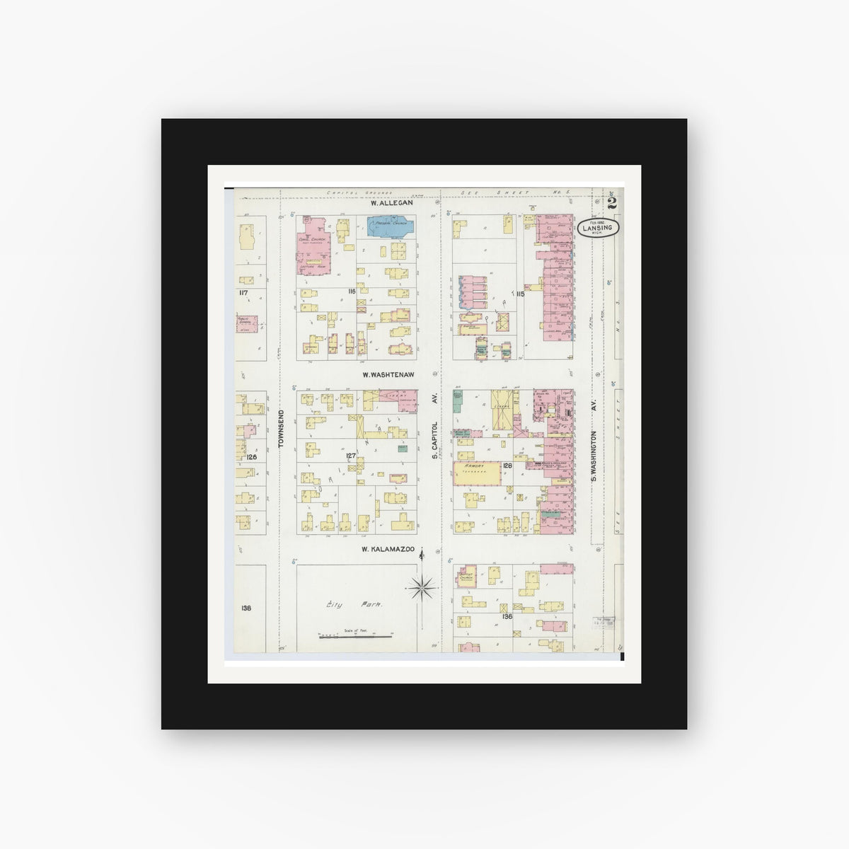 Old map wall art mockup β black gallery frame with white mat β Sanborn Fire Insurance Map from Lansing, Ingham County, Michigan (1892), Sheet #0002