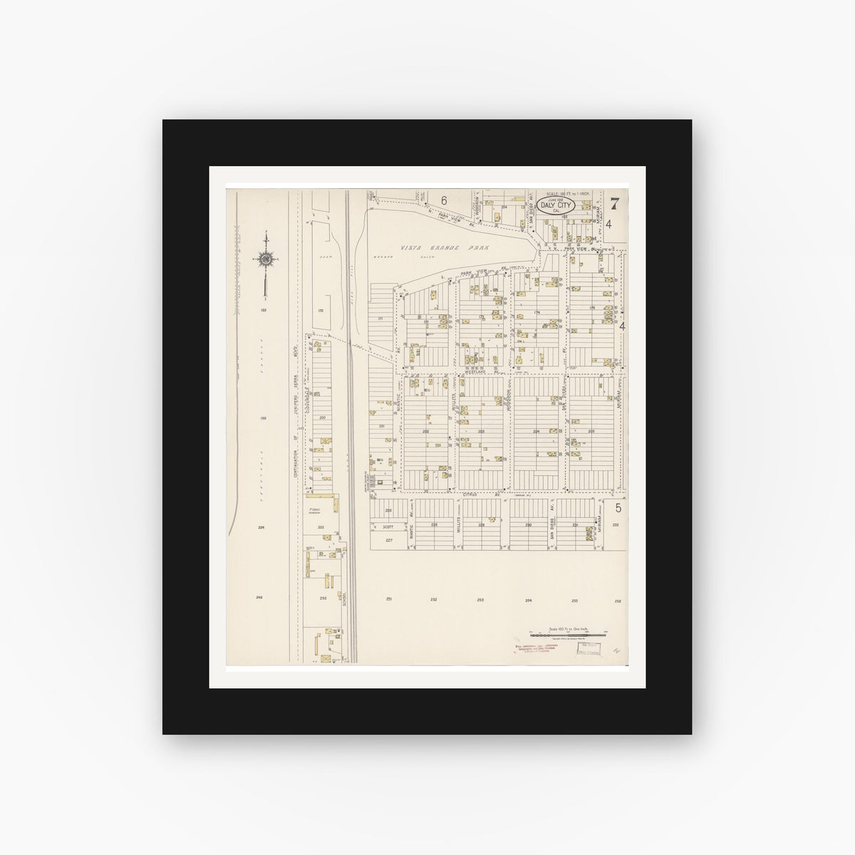 Old map wall art mockup — black gallery frame with white mat — Sanborn Fire Insurance Map from Daly City, San Mateo County, California (1918), Sheet #0007