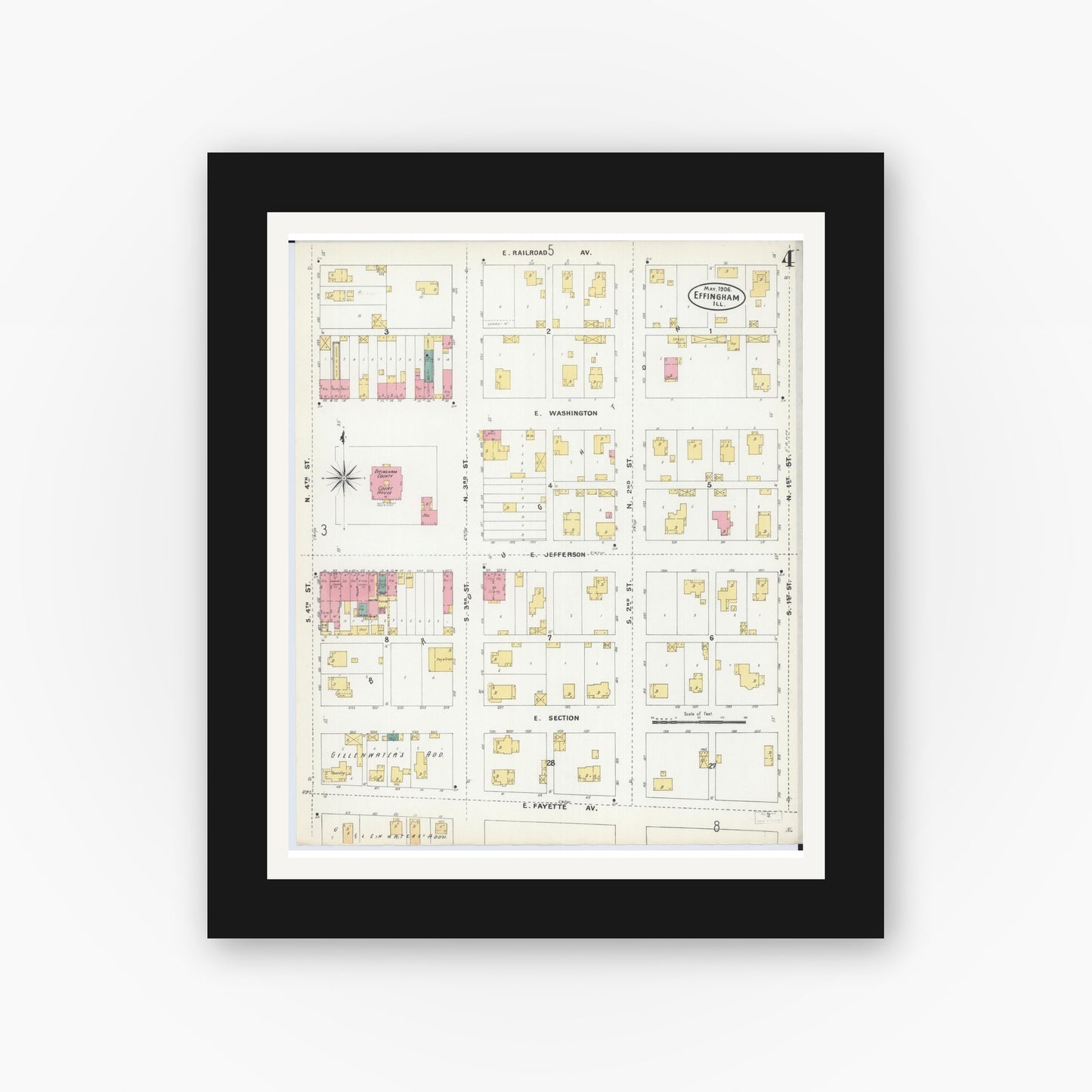 Old map wall art mockup — black gallery frame with white mat — Sanborn Fire Insurance Map from Effingham, Effingham County, Illinois (1906), Sheet #0004