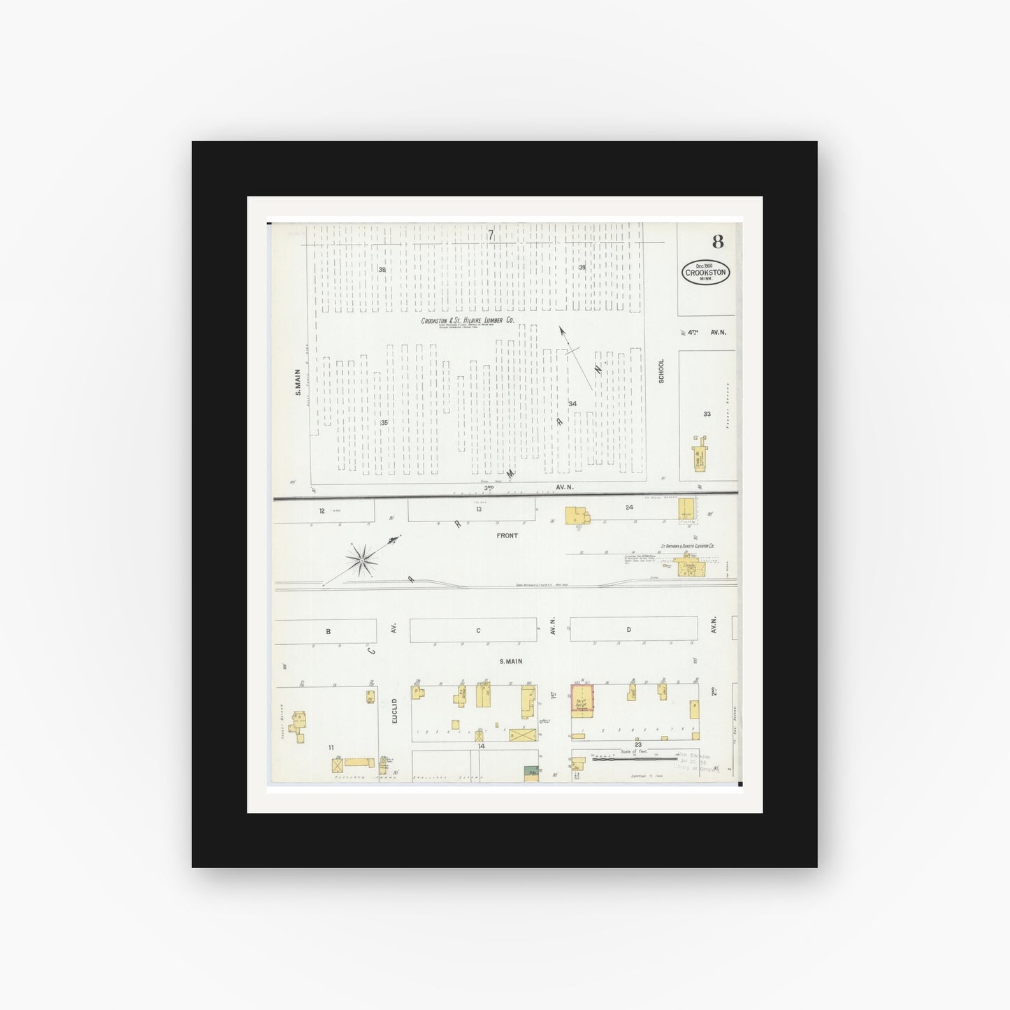 Old map wall art mockup — black gallery frame with white mat — Sanborn Fire Insurance Map from Crookston, Polk County, Minnesota (1900), Sheet #0008