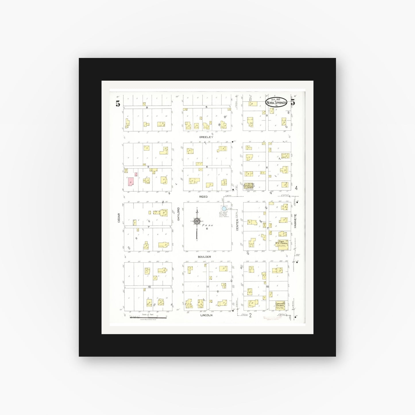 Old map wall art mockup β black gallery frame with white mat β Sanborn Fire Insurance Map from Nora Springs, Floyd County, Iowa (1923), Sheet #0005