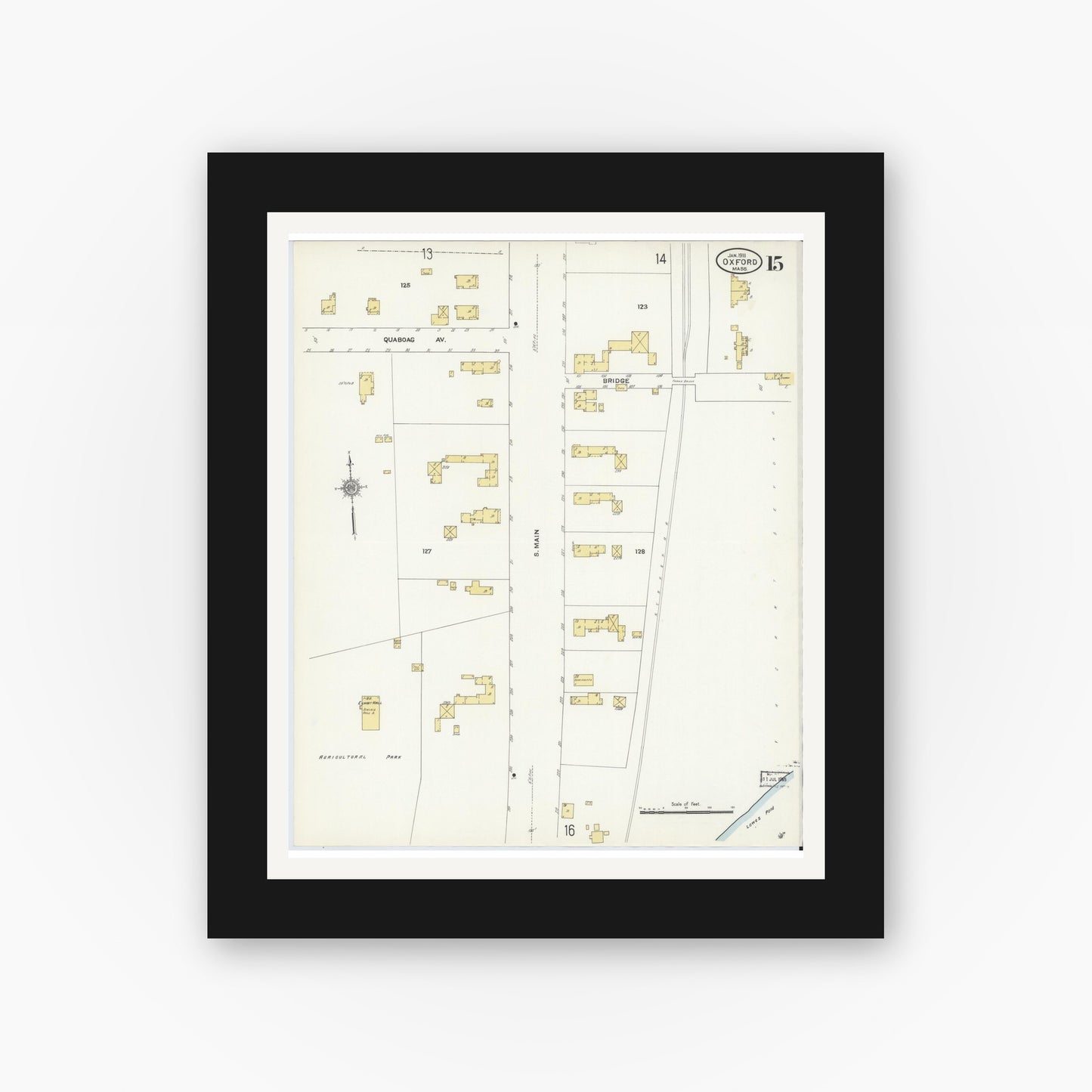 Old map wall art mockup — black gallery frame with white mat — Sanborn Fire Insurance Map from Oxford, Worcester County, Massachusetts (1911), Sheet #0015