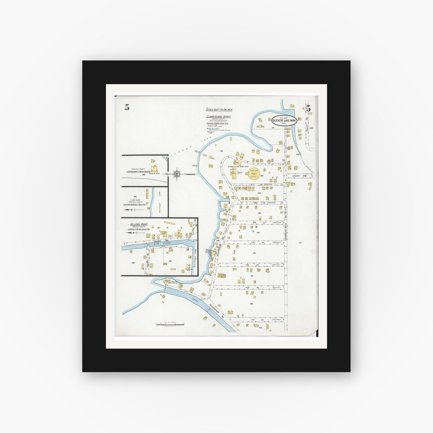 Old map wall art mockup — black gallery frame with white mat — Sanborn Fire Insurance Map from Buckeye Lake, Licking County, Ohio (1929), Sheet #0005