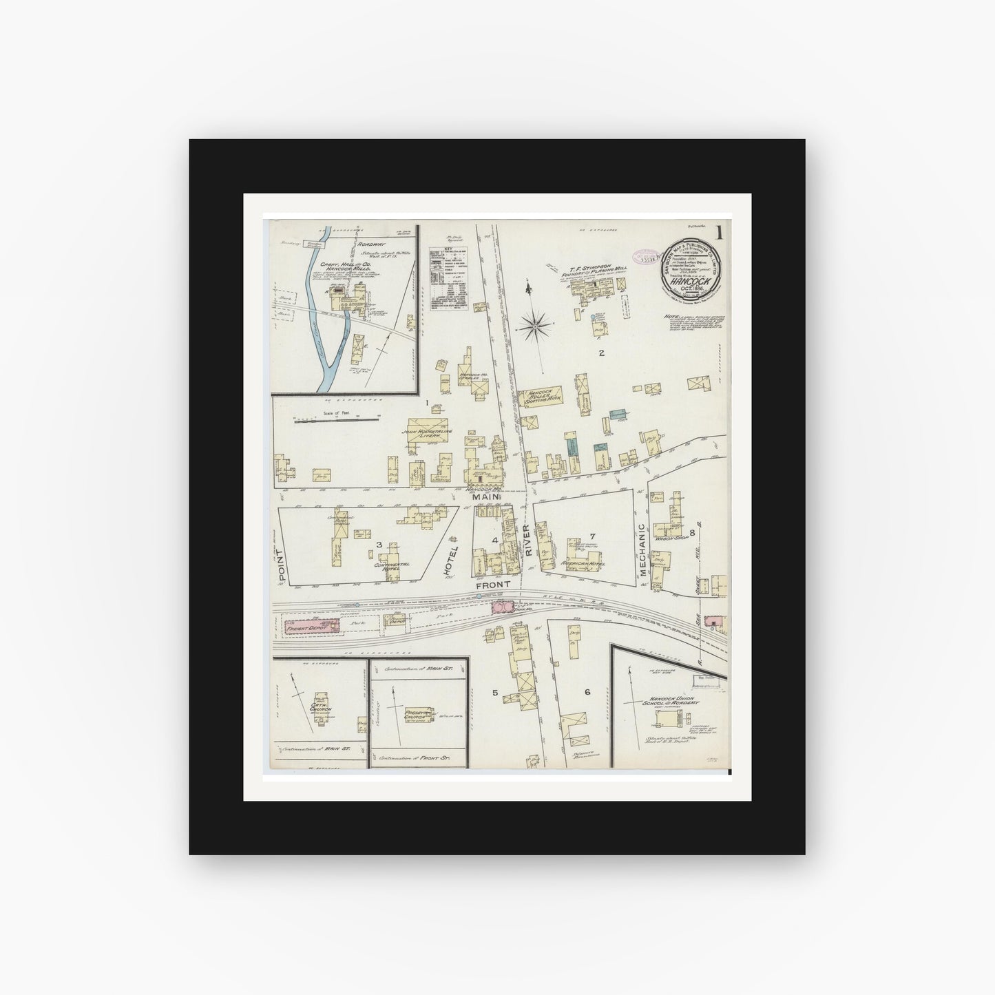 Old map wall art mockup — black gallery frame with white mat — Sanborn Fire Insurance Map from Hancock, Delaware County, New York (1886) - Complete Map Set