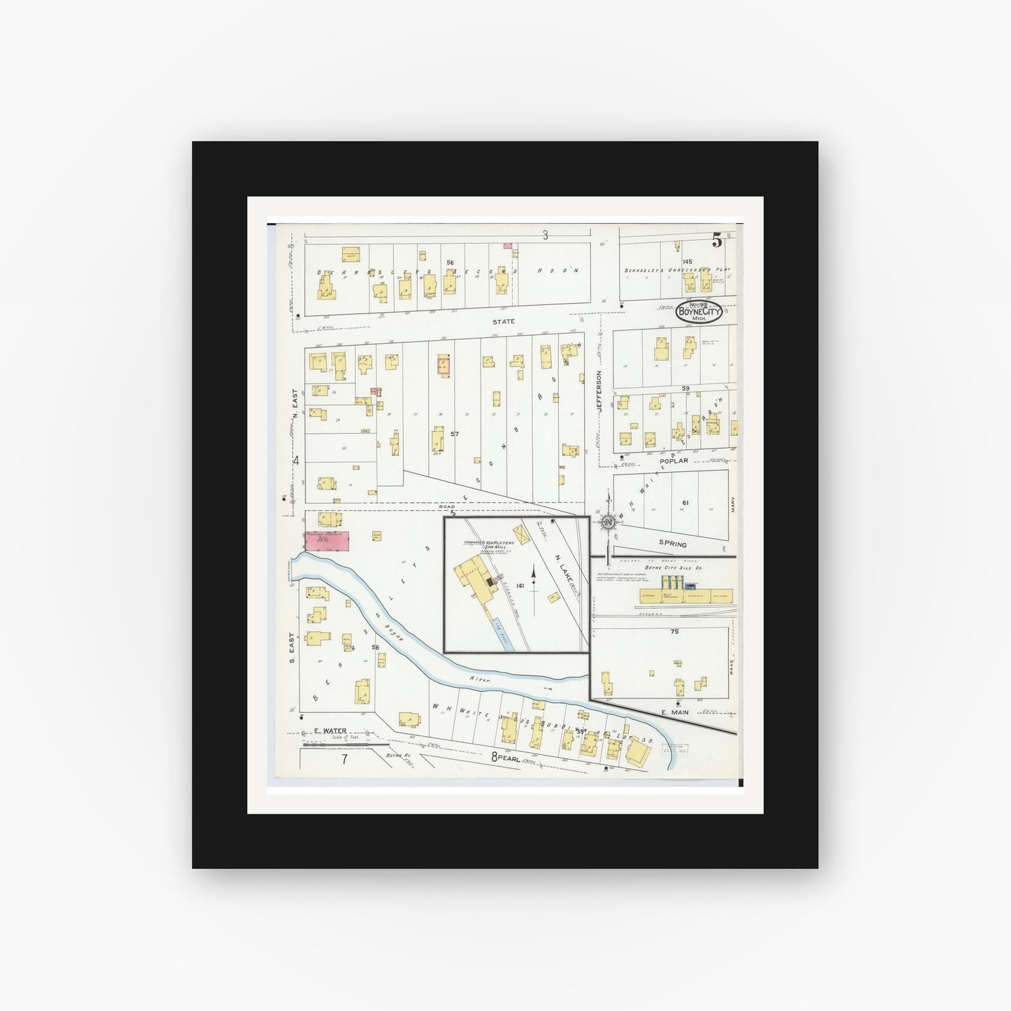 Old map wall art mockup — black gallery frame with white mat — Sanborn Fire Insurance Map from Boyne City, Charlevoix County, Michigan (1919), Sheet #0005
