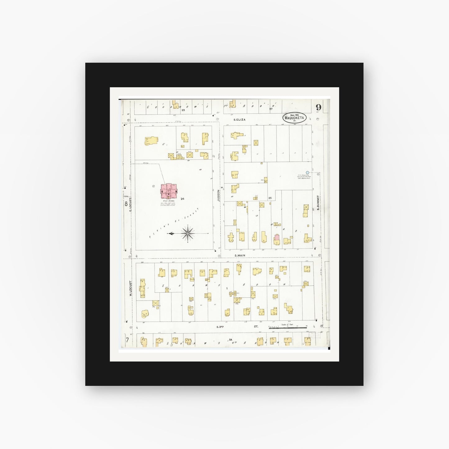 Old map wall art mockup β black gallery frame with white mat β Sanborn Fire Insurance Map from Maquoketa, Jackson County, Iowa (1906), Sheet #0009
