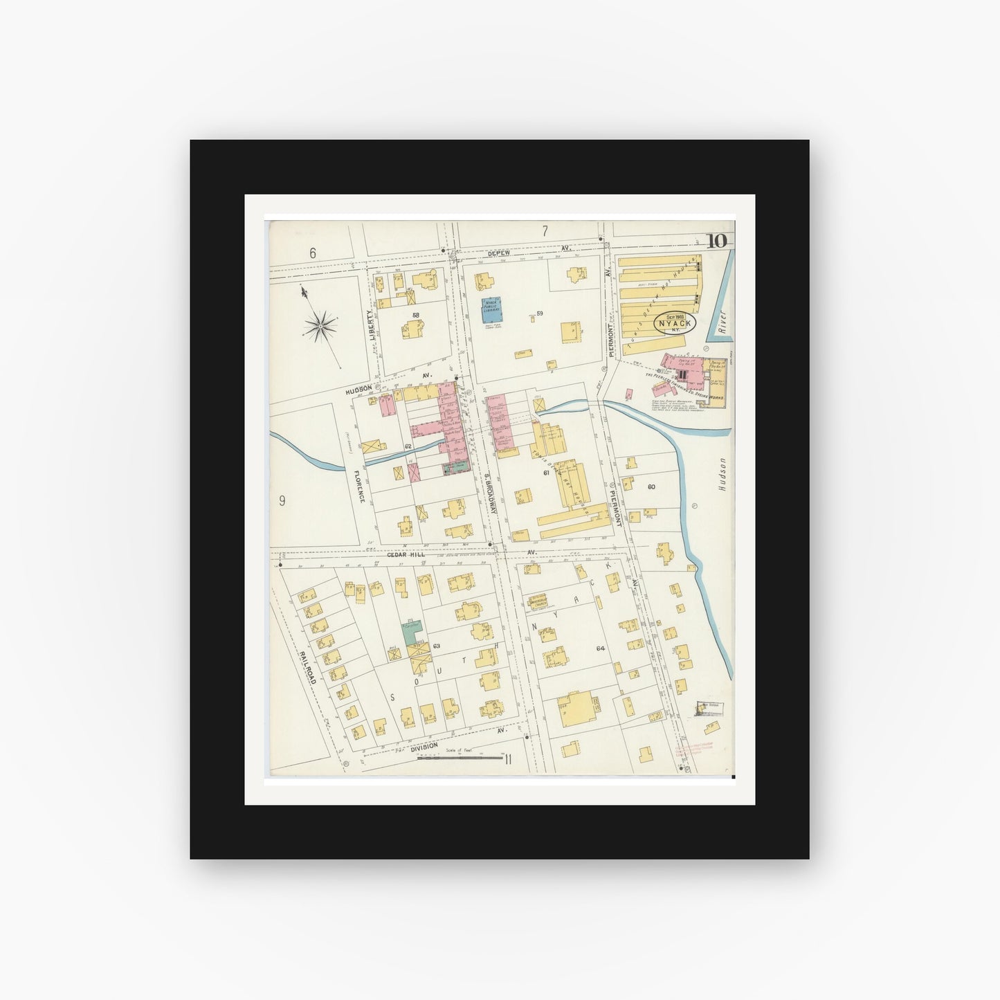 Old map wall art mockup — black gallery frame with white mat — Sanborn Fire Insurance Map from Nyack, Rockland County, New York. (1903), Sheet #0010