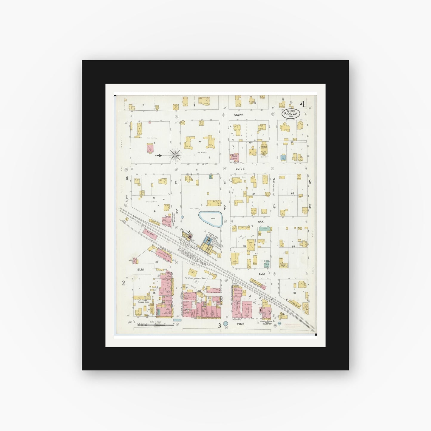 Old map wall art mockup — black gallery frame with white mat — Sanborn Fire Insurance Map from Rolla, Phelps County, Missouri (1905), Sheet #0004