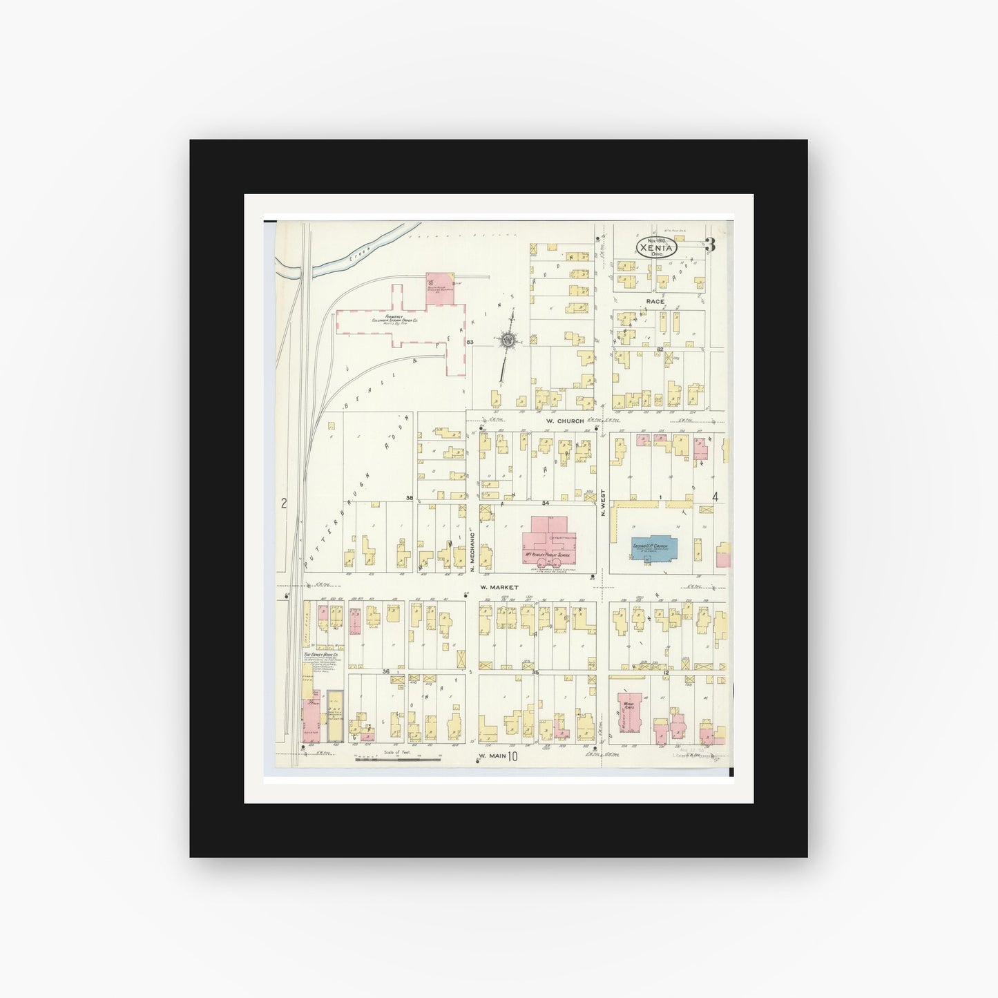 Old map wall art mockup — black gallery frame with white mat — Sanborn Fire Insurance Map from Xenia, Greene County, Ohio (1910), Sheet #0003