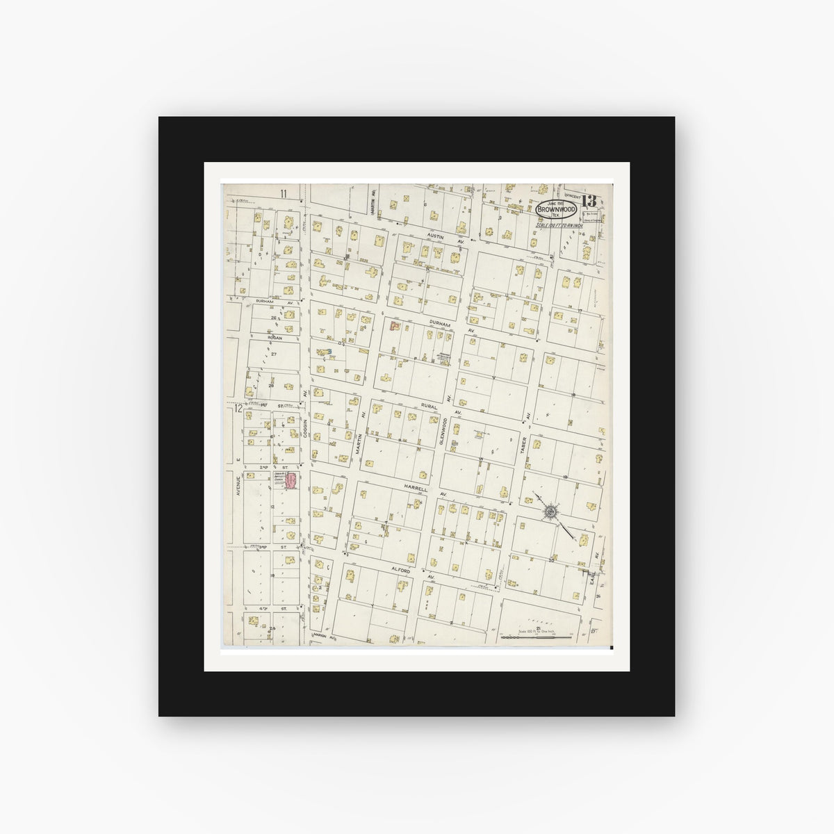 Old map wall art mockup — black gallery frame with white mat — Sanborn Fire Insurance Map from Brownwood, Brown County, Texas (1915), Sheet #0013