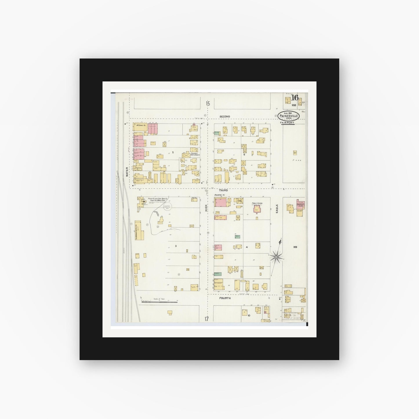 Old map wall art mockup — black gallery frame with white mat — Sanborn Fire Insurance Map from Painesville, Lake County, Ohio (1904), Sheet #0016