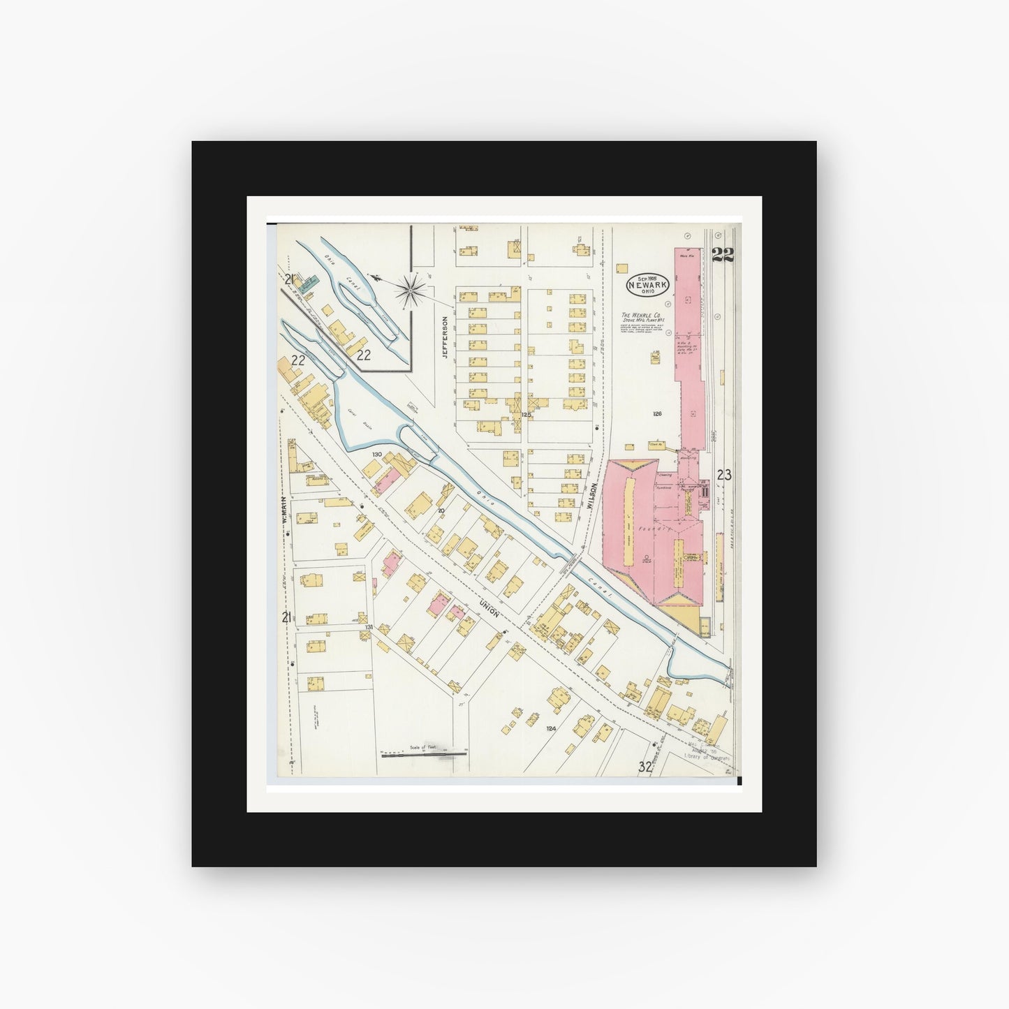 Old map wall art mockup — black gallery frame with white mat — Sanborn Fire Insurance Map from Newark, Licking County, Ohio (1905), Sheet #0022