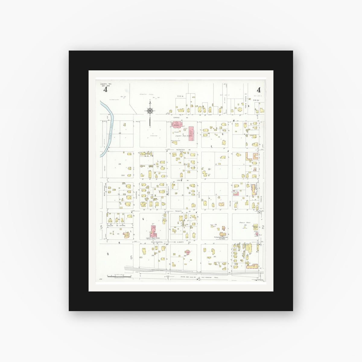 Old map wall art mockup — black gallery frame with white mat — Sanborn Fire Insurance Map from Liberty, Liberty County, Texas (1938), Sheet #0004