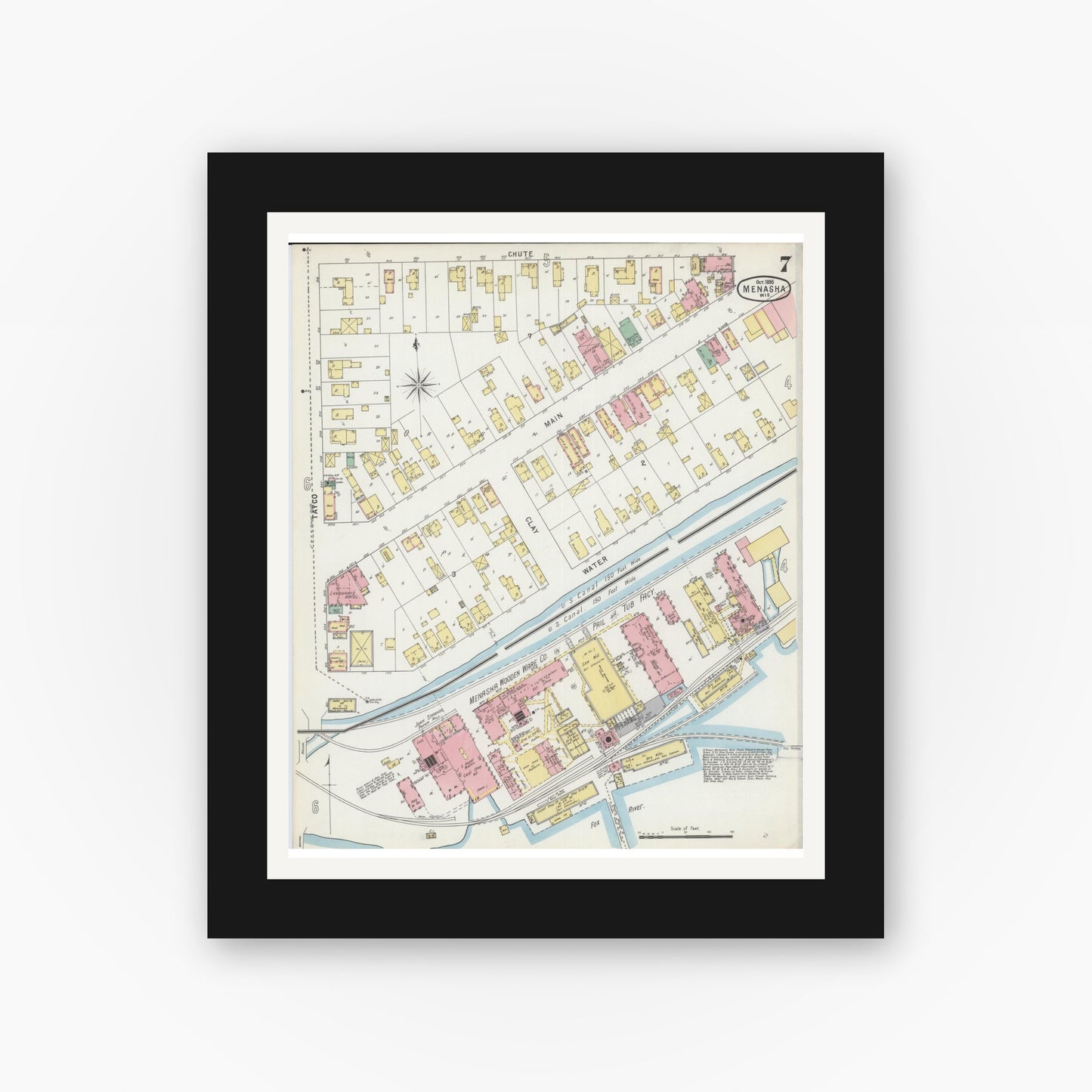 Old map wall art mockup — black gallery frame with white mat — Sanborn Fire Insurance Map from Menasha, Winnebago County, Wisconsin (1895), Sheet #0007